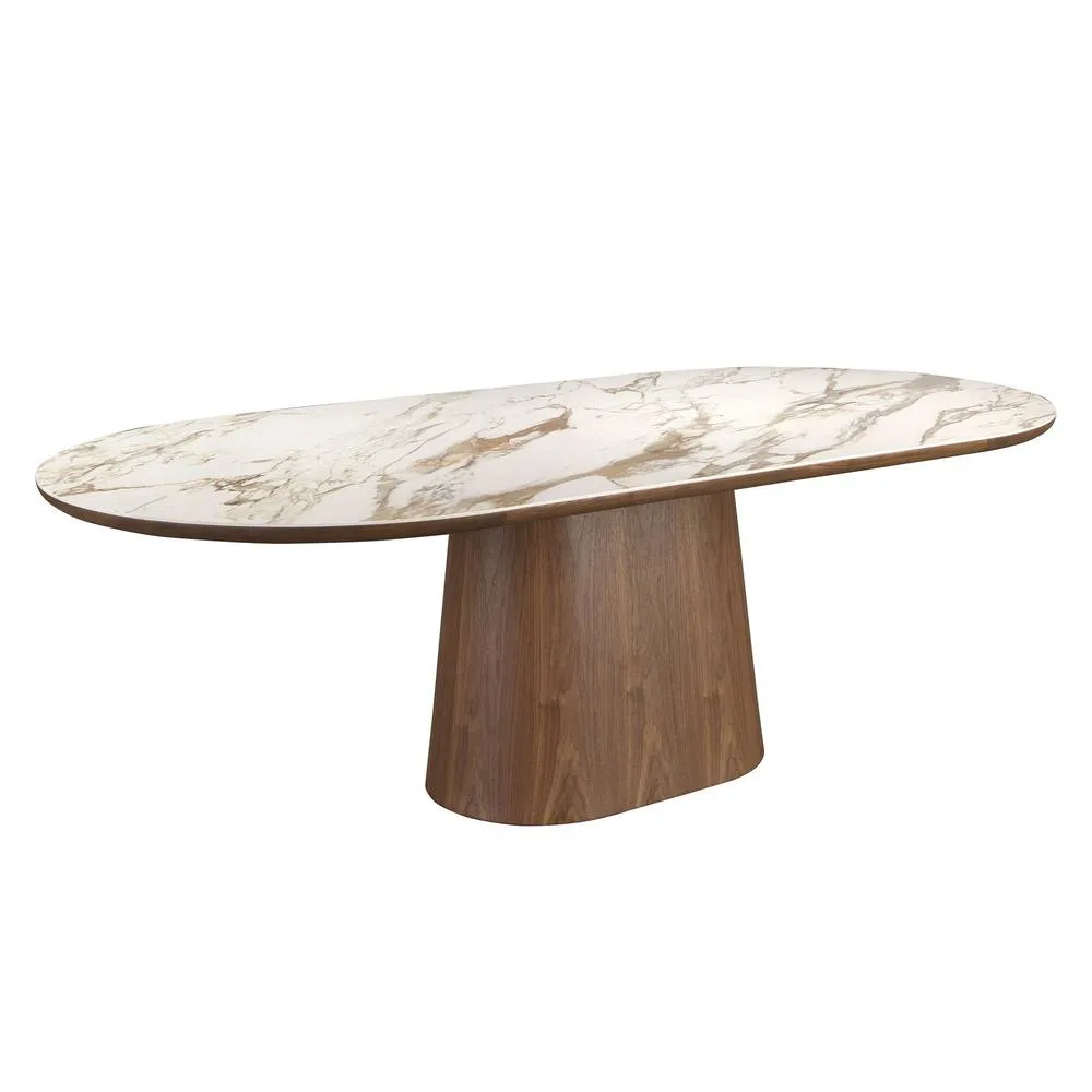 Angel Cerda Oval Porcelain Marble Dining Table with Walnut Legs in White