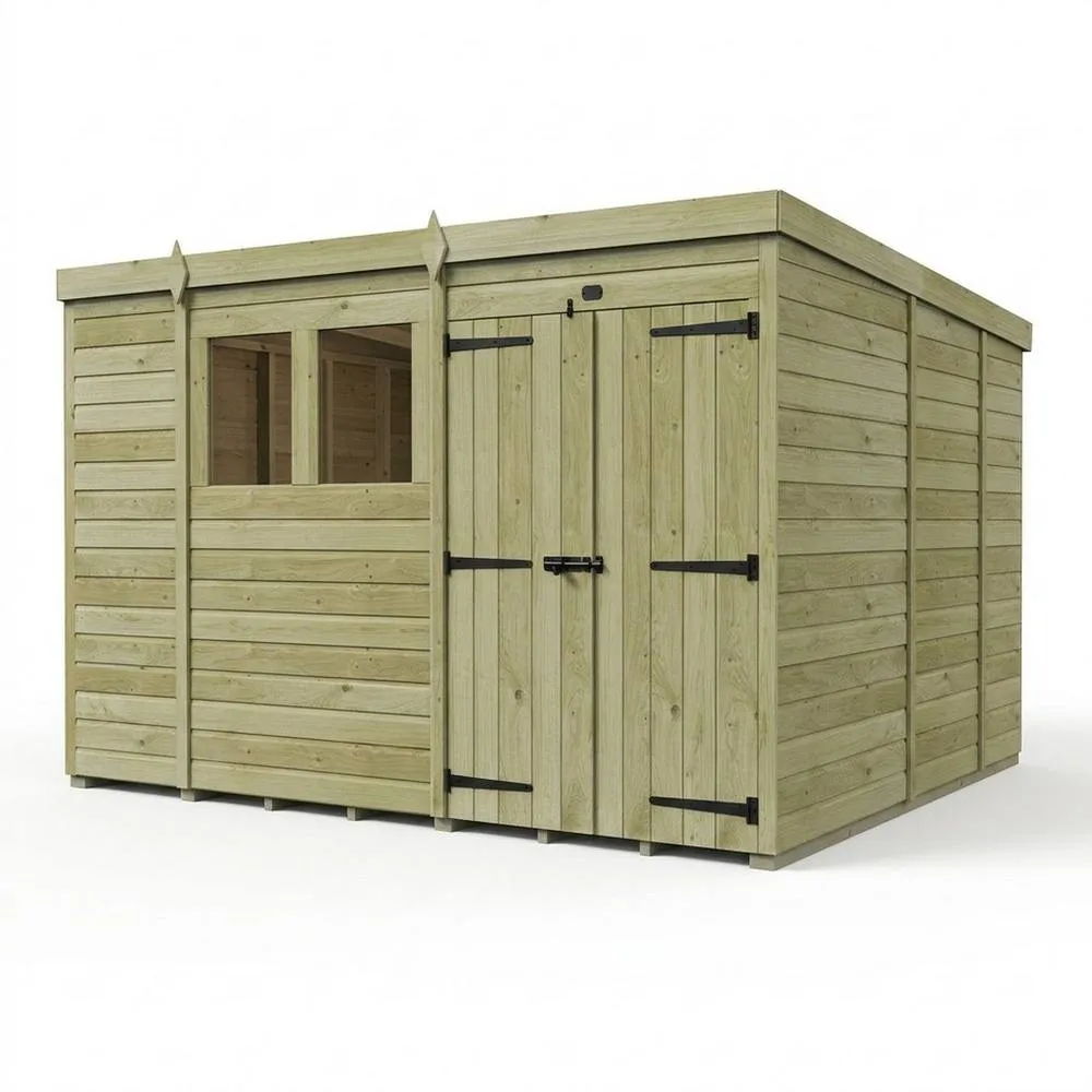 Buttercup Farm 10ft x 9ft Pent Garden Shed Double Door With Windows - Timber in Brown