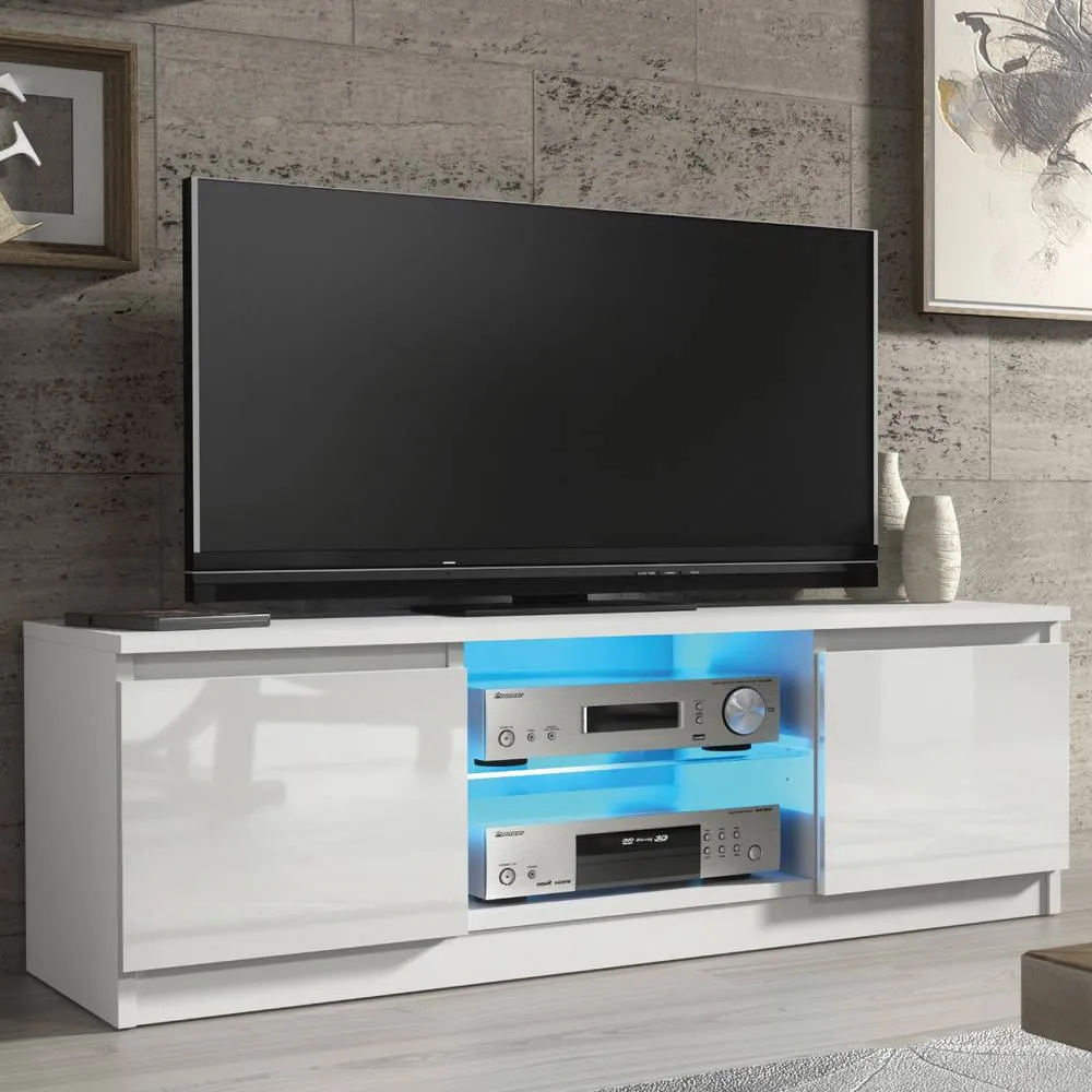 Creative Furniture Aura TV Unit 120cm - White with Gloss Doors + LED Lights