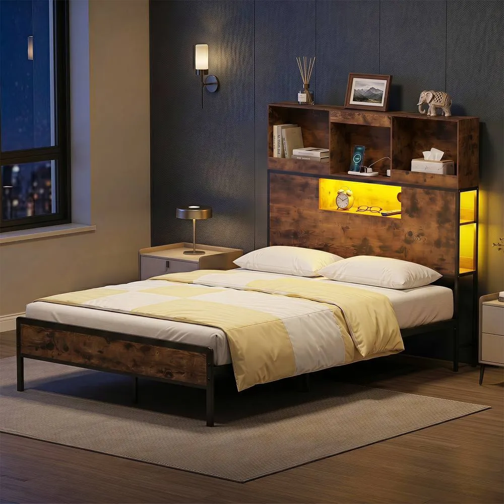 Costway King Size Bed Frame with LED Lights & Power Outlet Industrial Metal Platform Bed in Brown 4