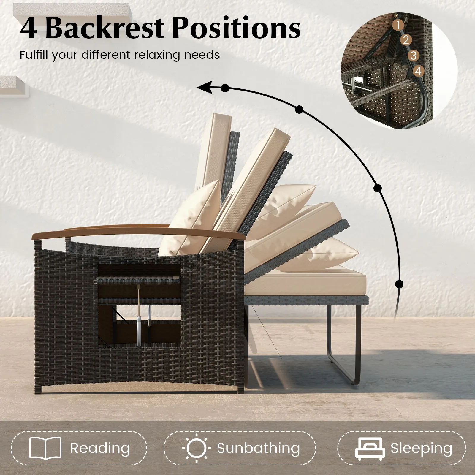 Costway Outdoor Wicker Daybed Rattan Woven Loveseat with Folding Panels & Storage Ottoman in Brown 5