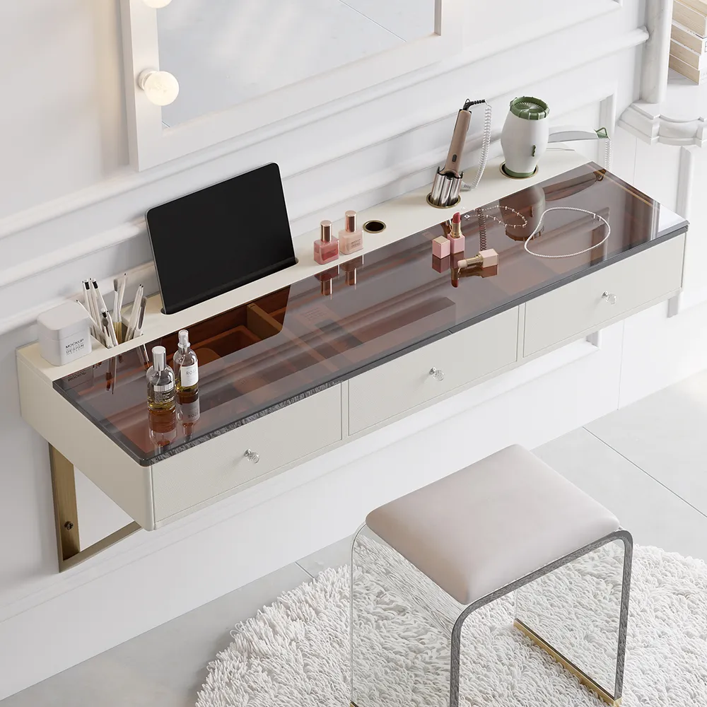 Glass Modern Floating Dressing Table with Tempered Top & Drawers Wall Mounted Beauty Station