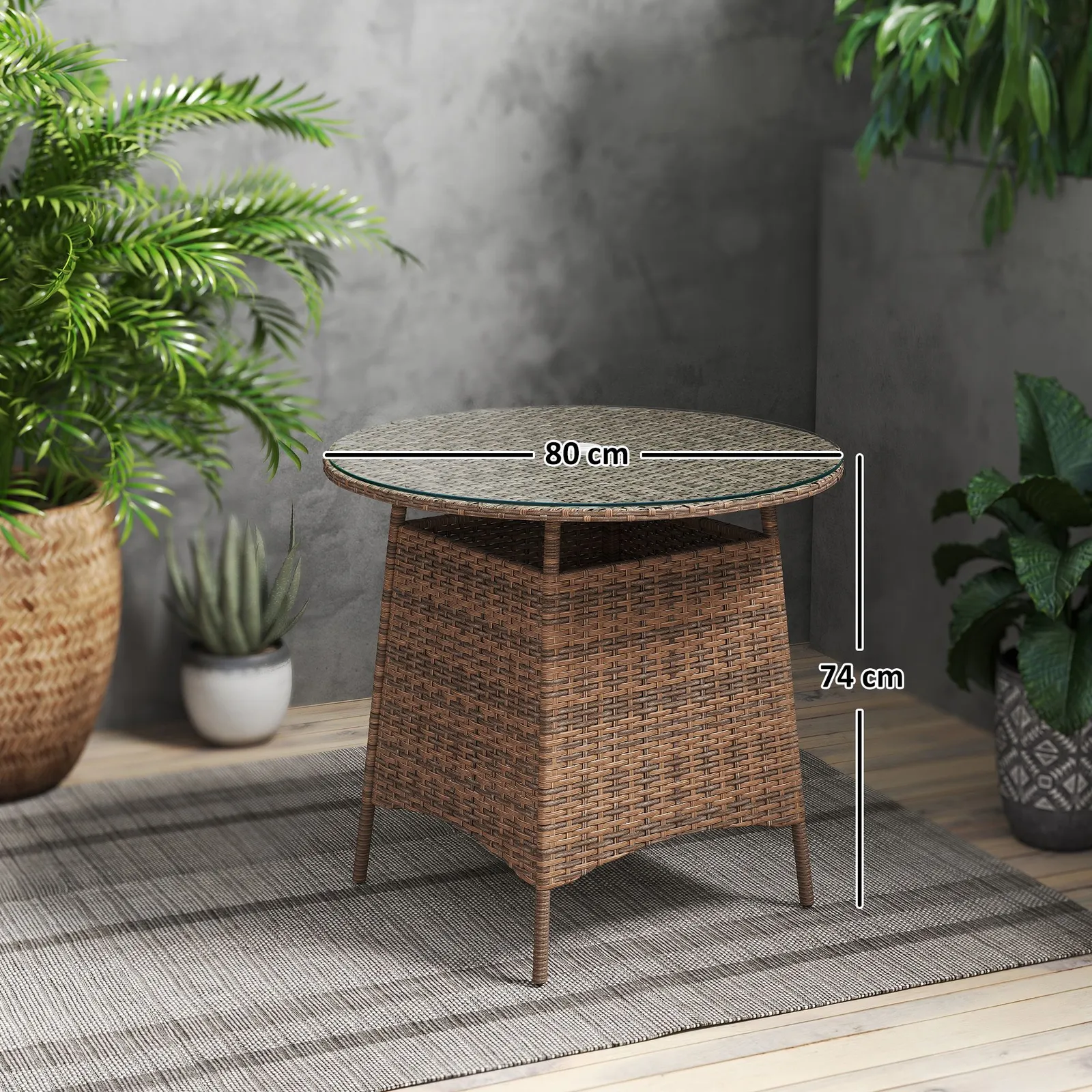 OUTSUNNY Wicker Garden Rattan Table with Umbrella Hole & Tempered Glass Top in Brown 3