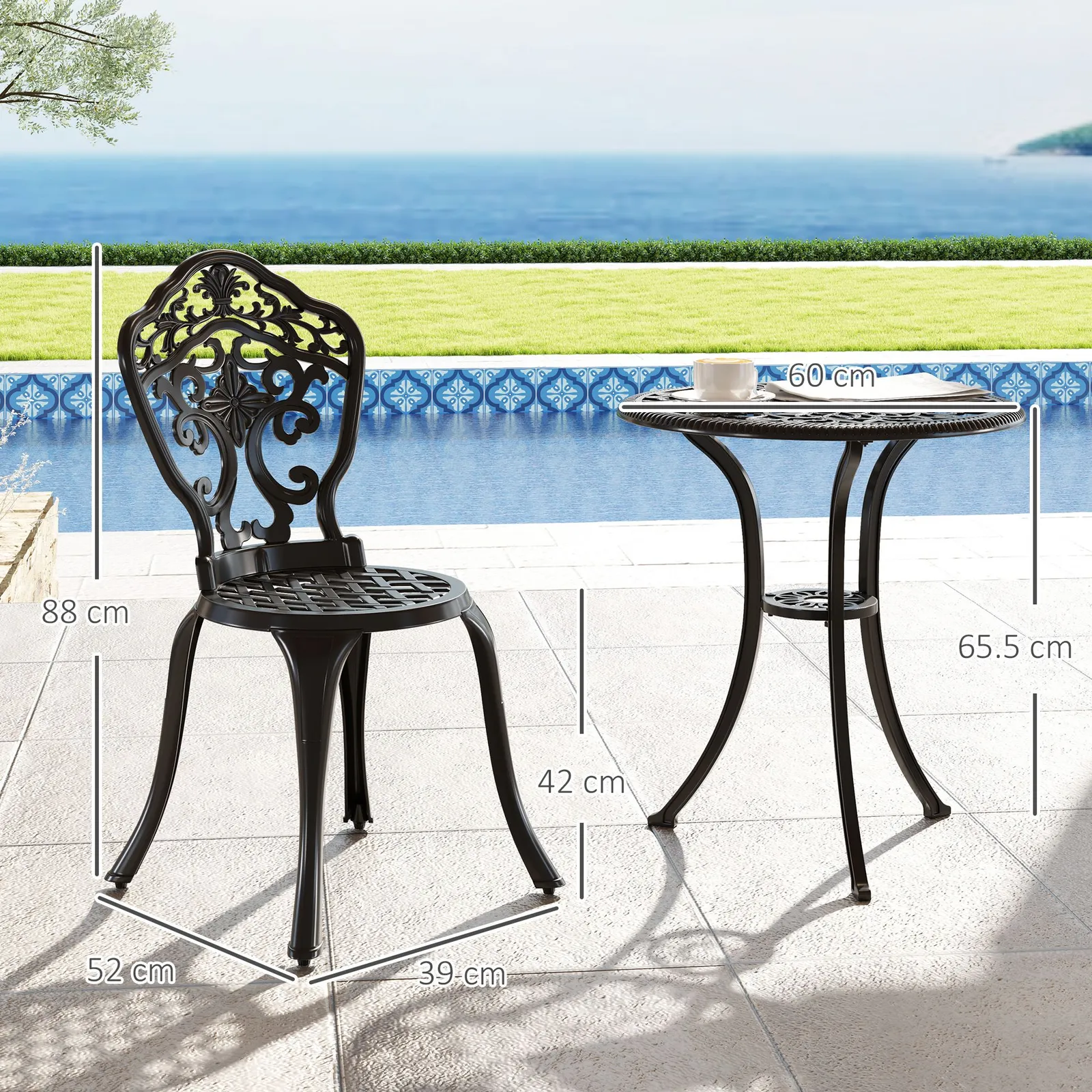 OUTSUNNY 3 Piece Cast Aluminium Bistro Set with Parasol Hole for Balcony, Patio in Black 3