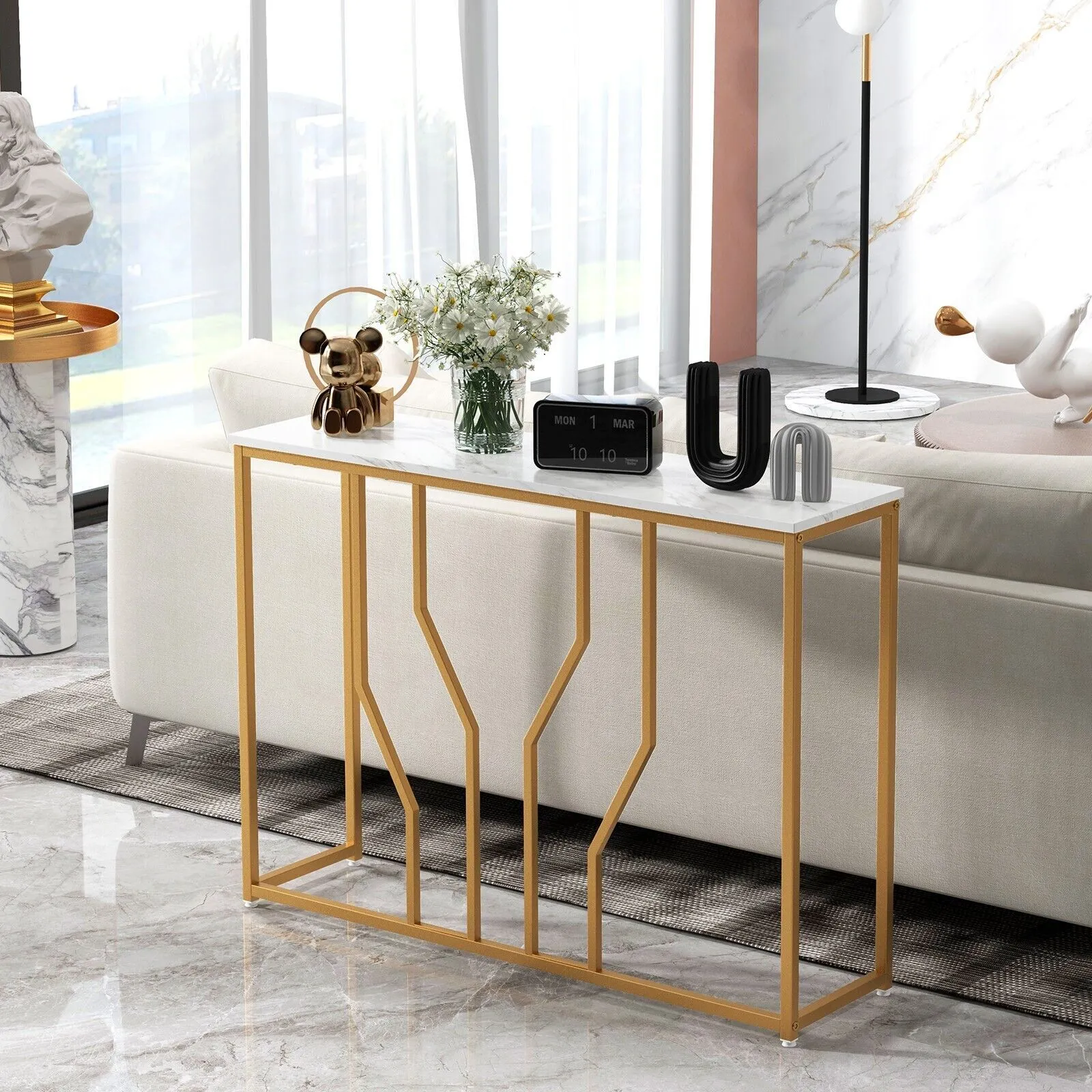 Costway Modern Console Table Faux Marble Narrow Entryway Hallway Table Accent Desk 110cm in White 5