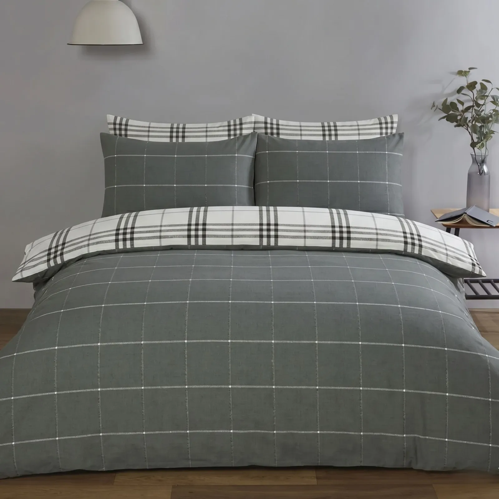 Rapport Home Harris Check Microfibre Duvet Cover Set with Pillowcase in Grey 3