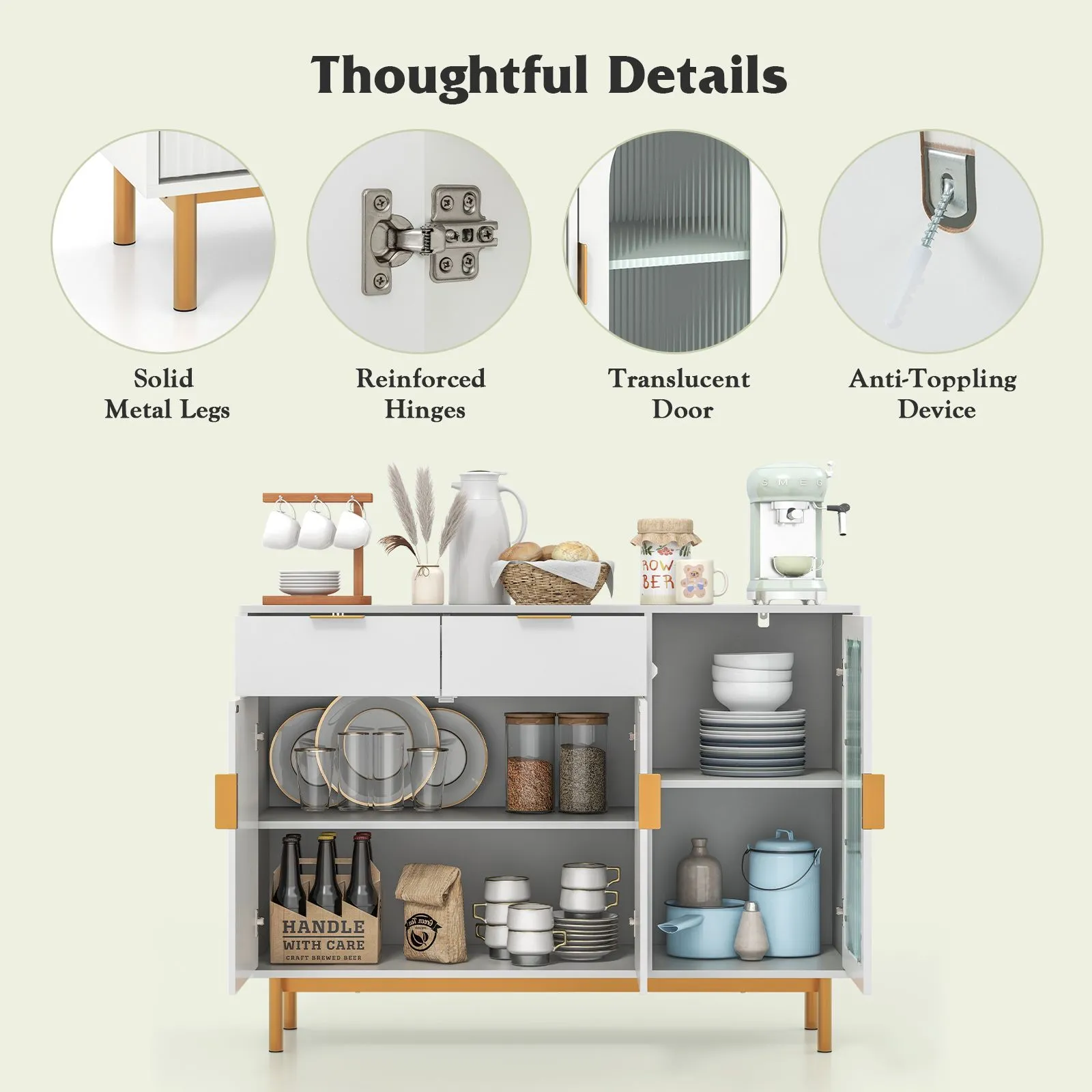 Costway Kitchen Storage Sideboard Dining Buffet Server Cabinet Cupboard With 2 Drawers in White 4