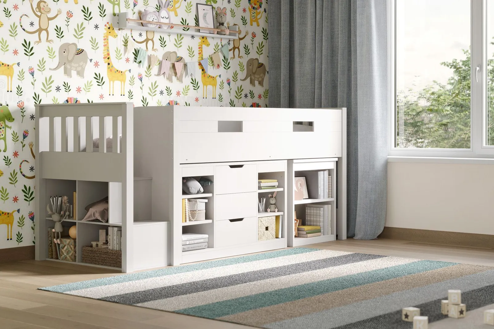 Flair Charlie Staircase Mid Sleeper Cabin Bed with Storage & Desk in White 3
