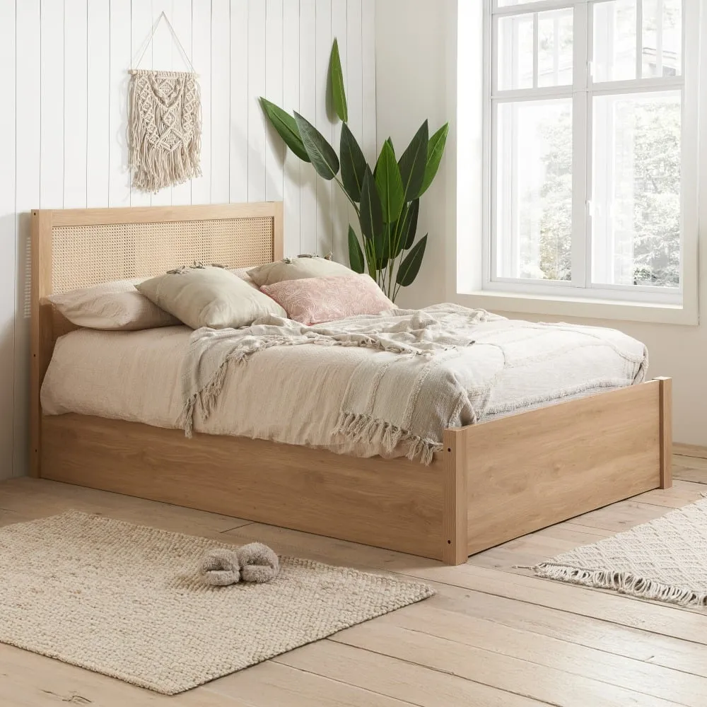 Croxley - Double - Ottoman Storage Bed Frame - Oak - Rattan Wood - 4ft6 - Happy Beds 1
