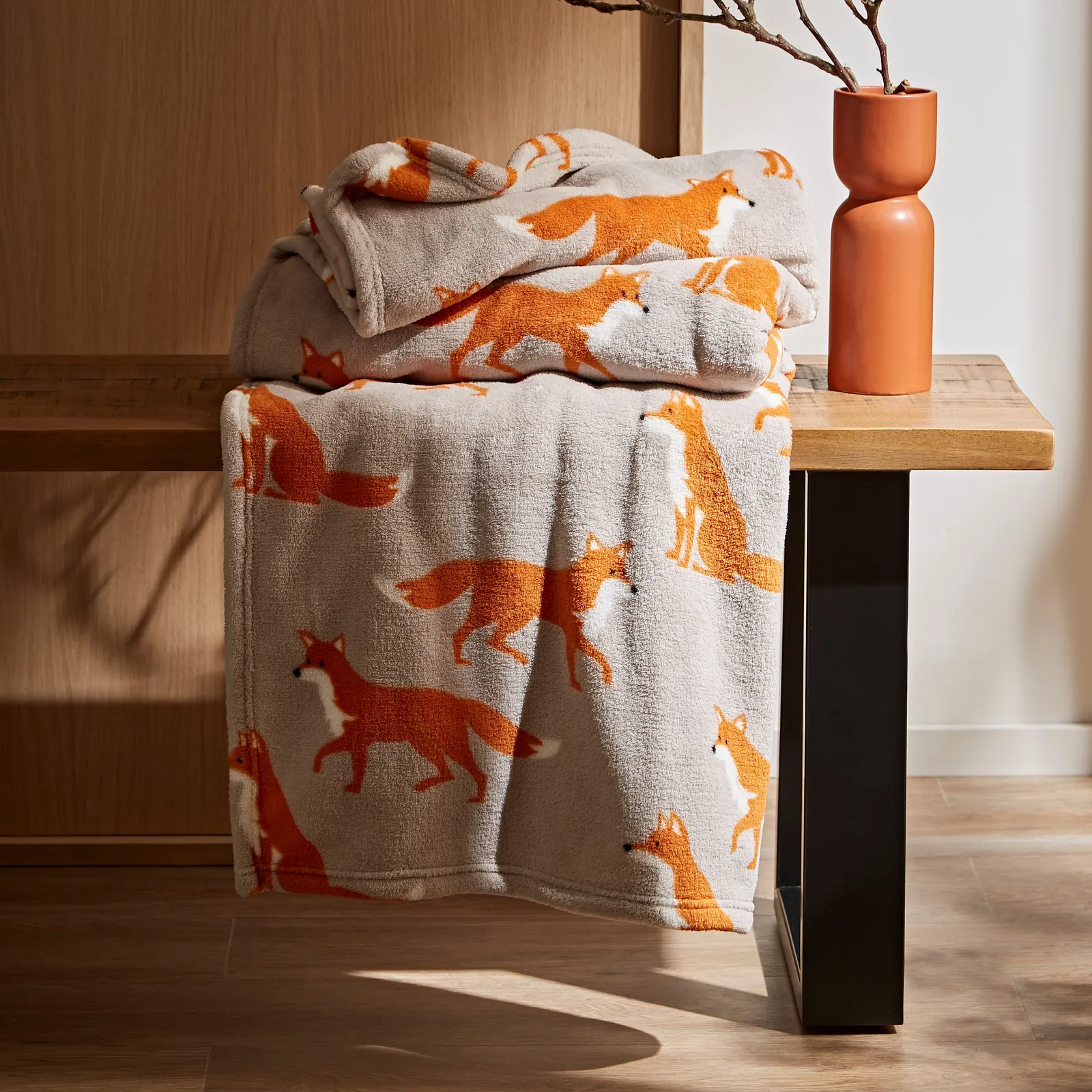 Fergus the Fox Printed Fleece Throw Orange/Grey
