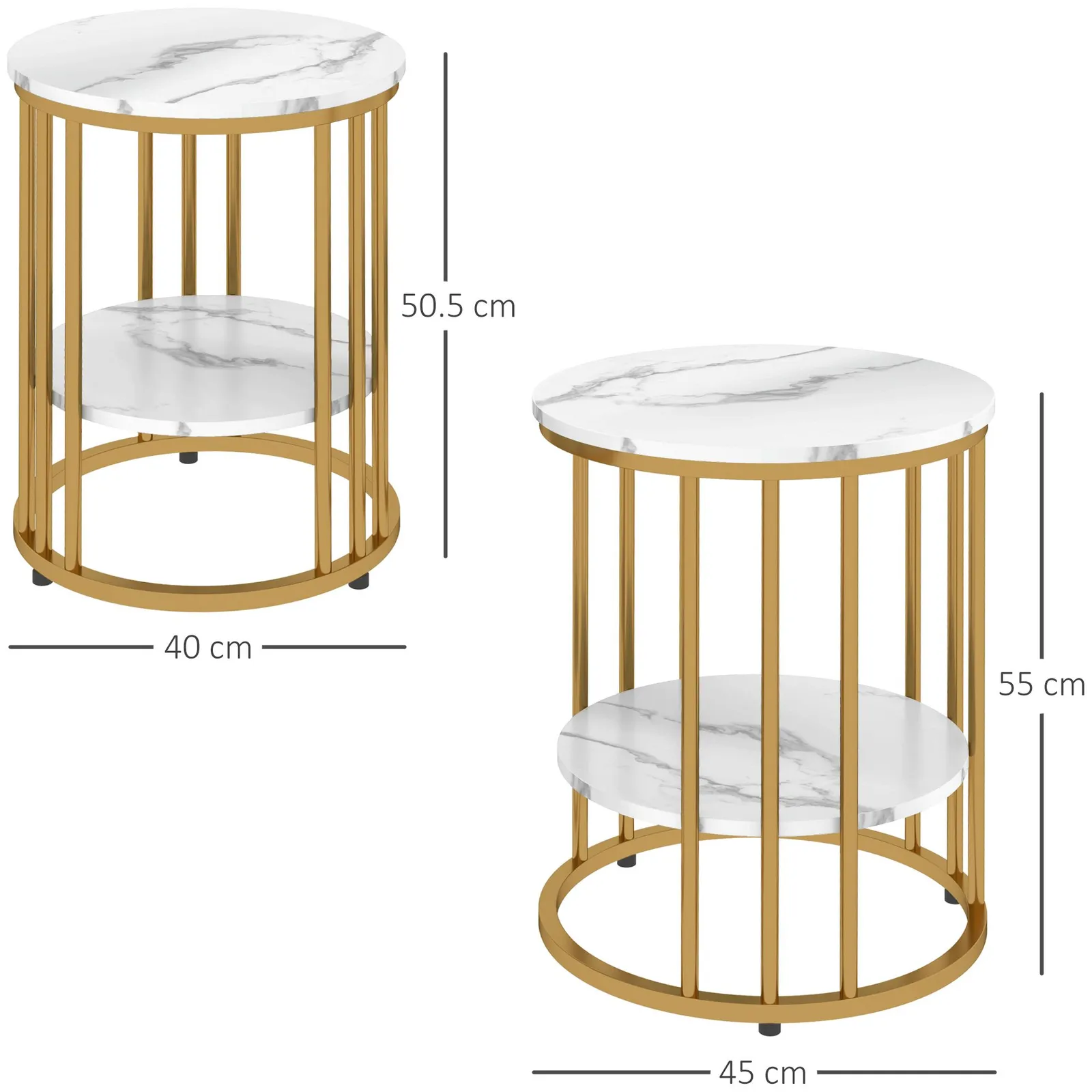 HOMCOM Marble-Effect Round Coffee Table Set of 2 for Living Room, Gold Tone 3