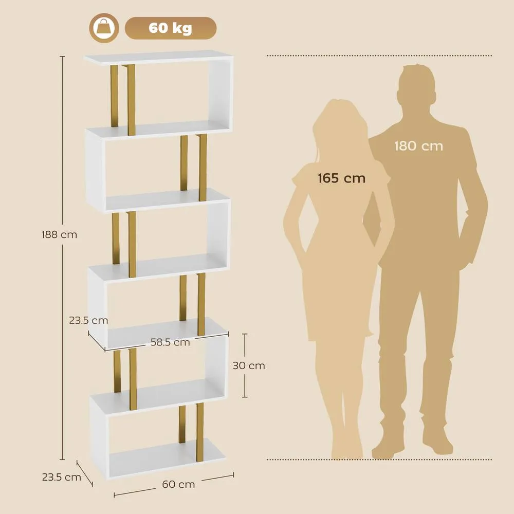 HOMCOM S-Shaped Bookshelf, 6-Tier Bookcase with Anti-Tip Strap, White 3