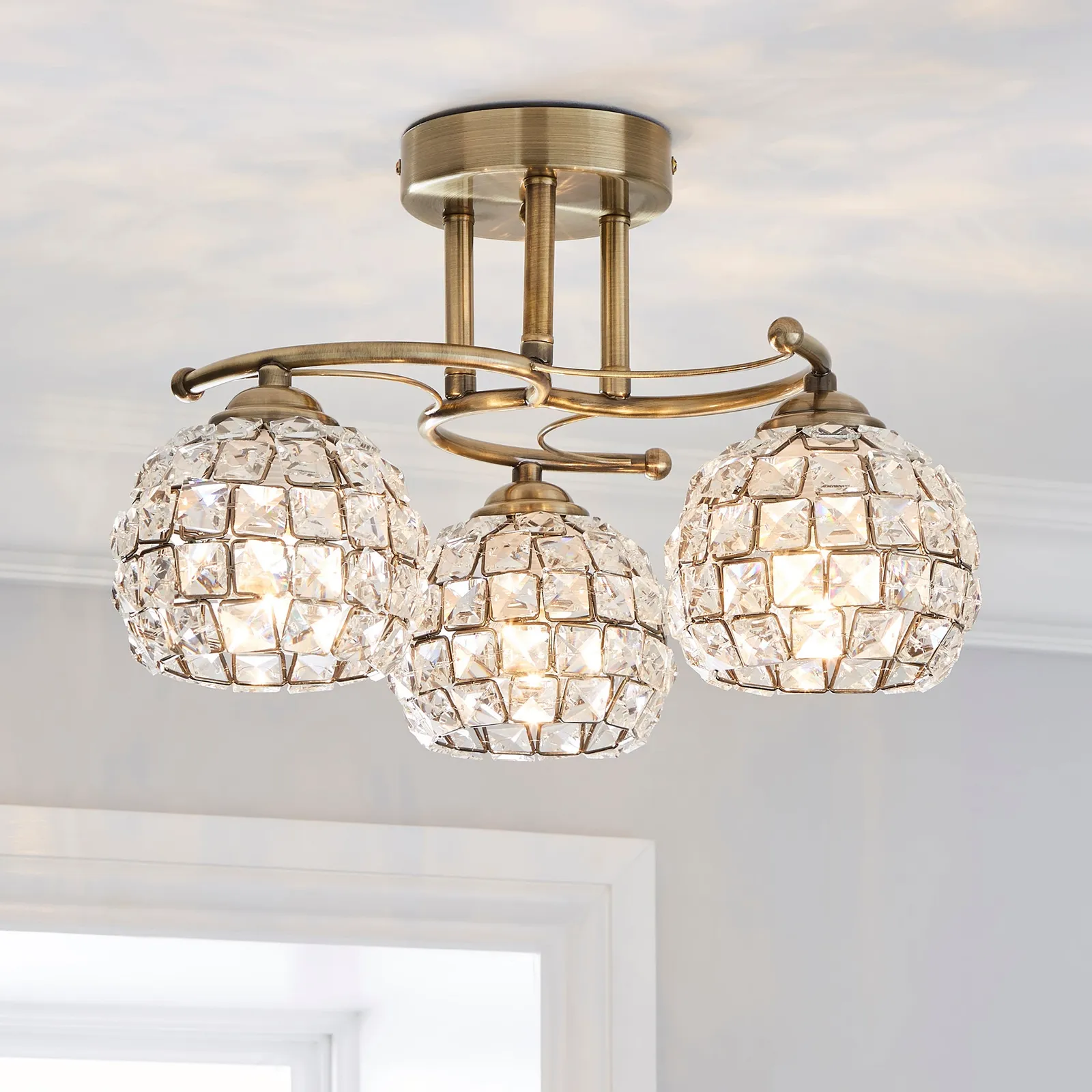 Bergen 3 Light Crystal Antique Brass Ceiling Fitting Antique Brass