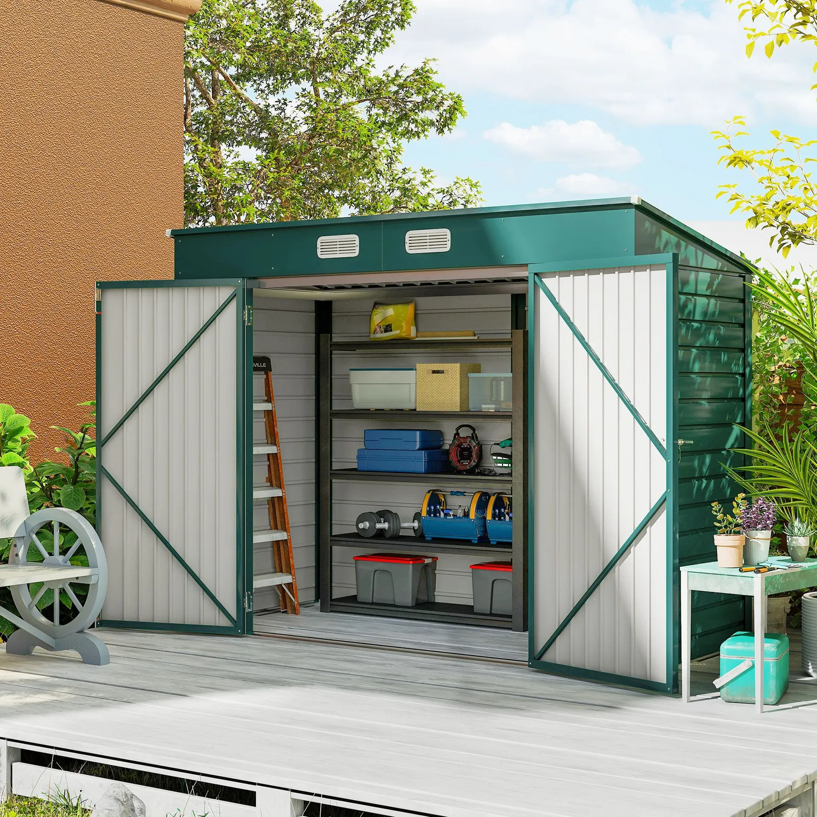 OUTSUNNY 8 x 4FT Metal Garden Storage Shed with Double Doors & 2 Vents in Green
