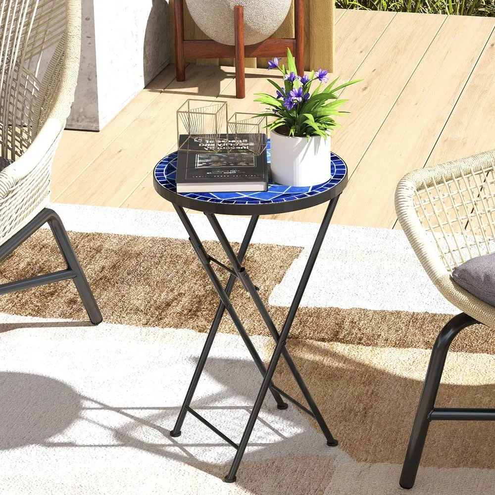 OUTSUNNY Mosaic Garden Table, 35.5cm Folding Coffee Table in Blue