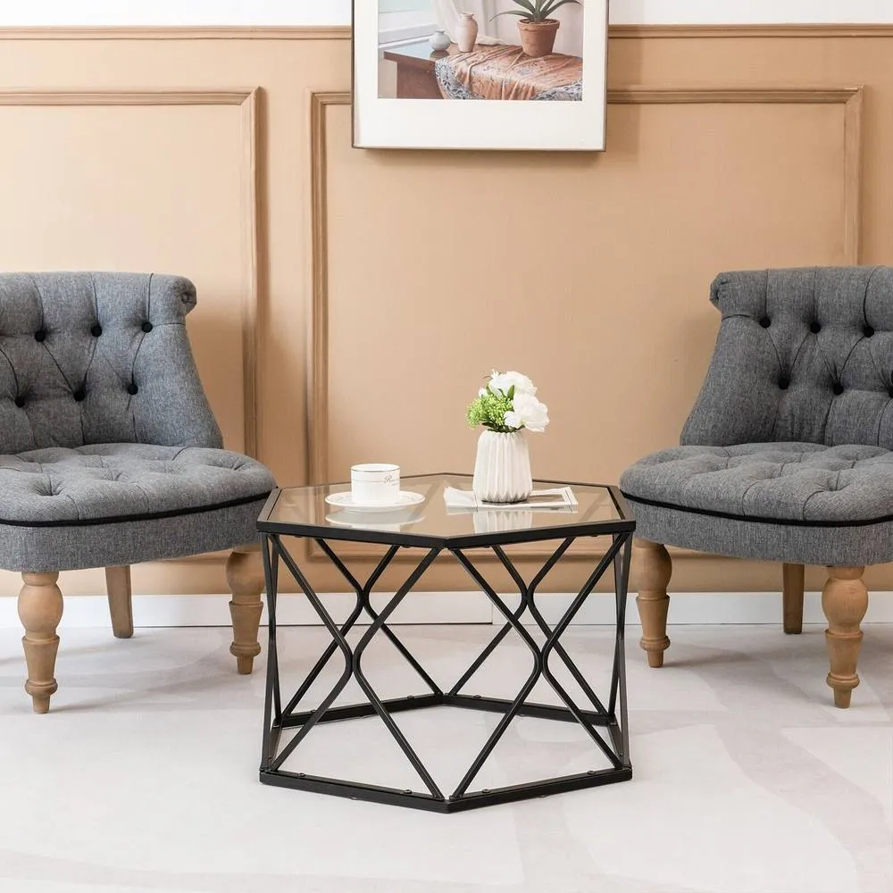 Costway Geometric Glass Coffee Table Hexagonal End Table with Tempered Glass Top in Black 5