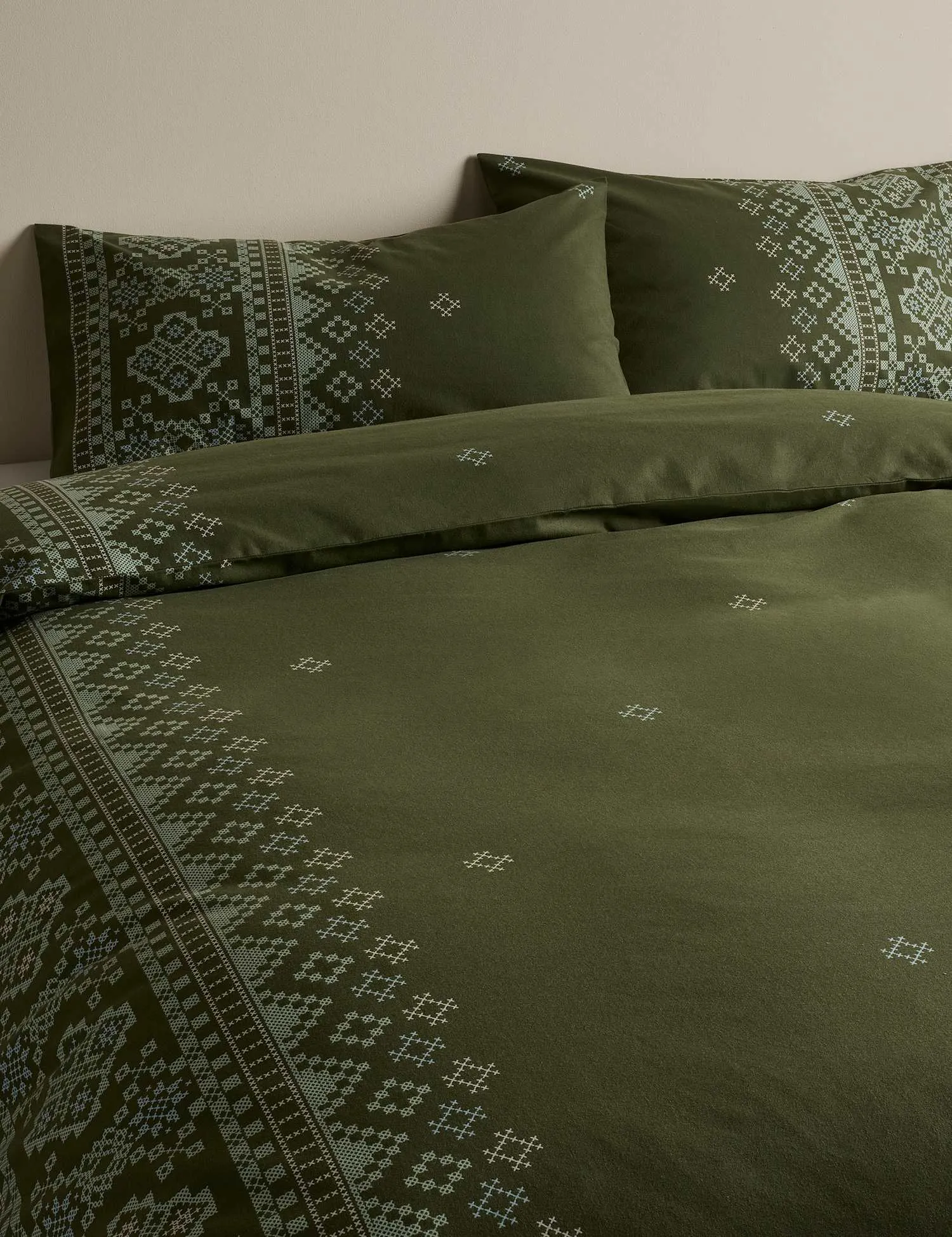 M&S Pure Cotton Fairisle Brushed Bedding Set Green Mix