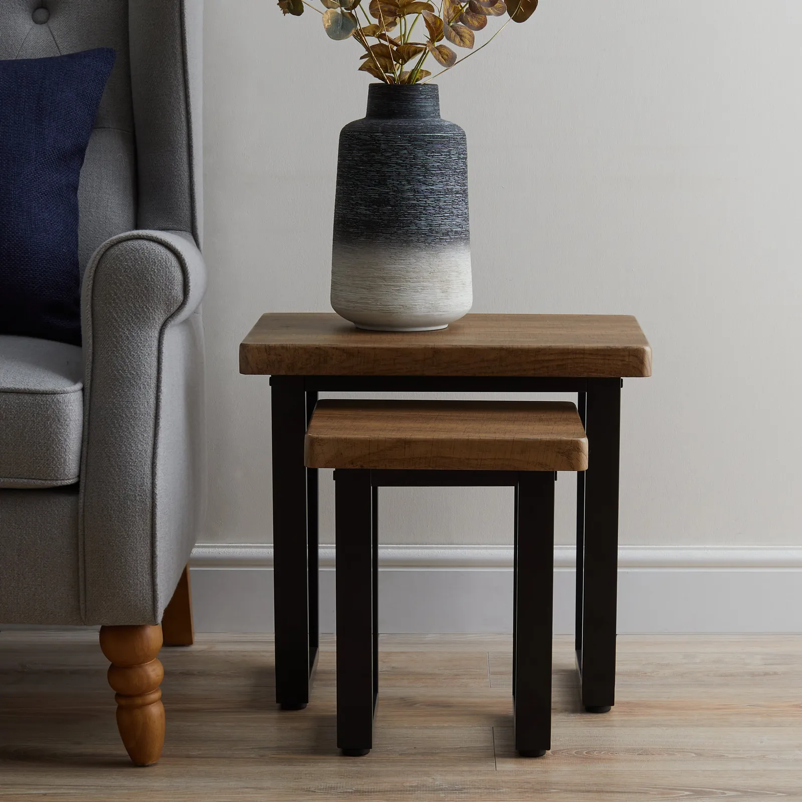 Freddie Rustic Wood Effect Nest of Tables Dark Wood (Brown)