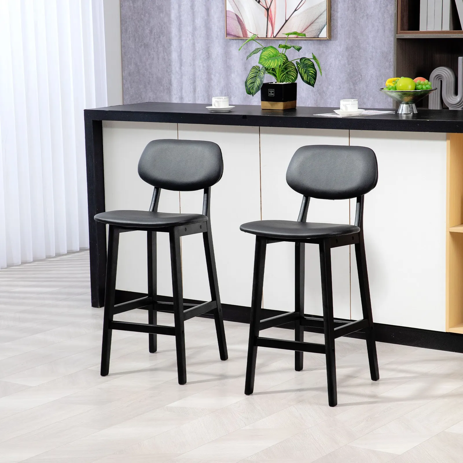 HOMCOM Breakfast Bar stools Set of 2 with PU Leather Cover, Wood Legs in Black