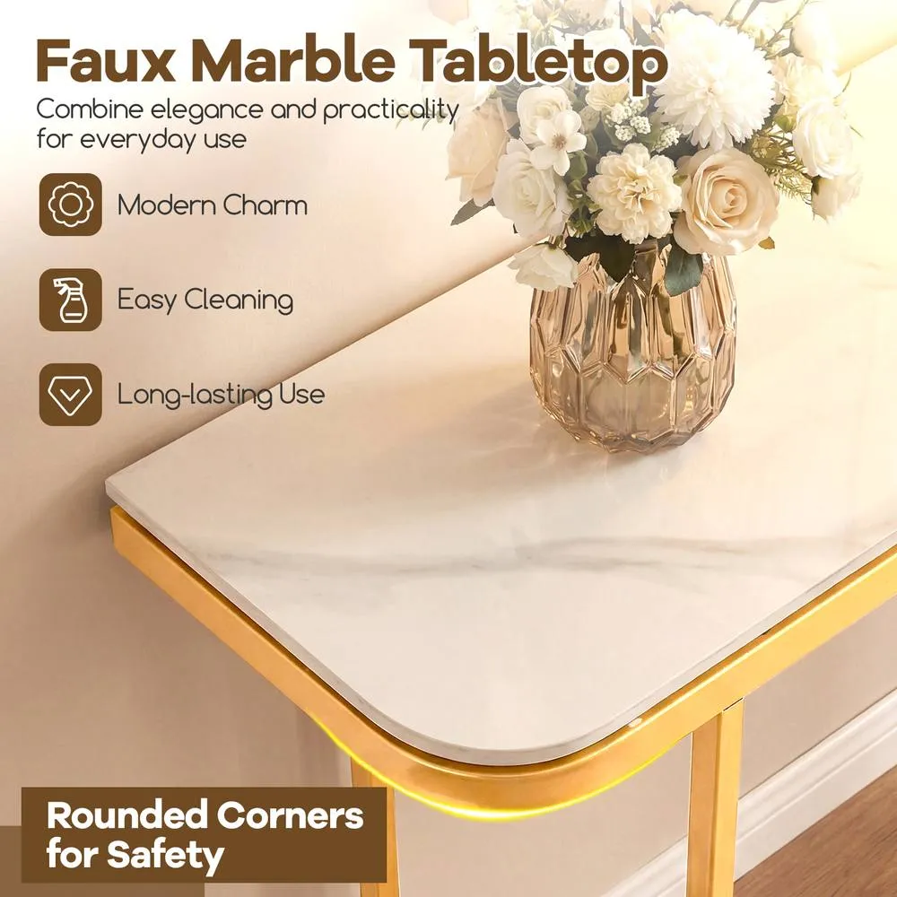 Costway Entryway Table Modern Hallway Sofa Console Table w/ Faux Marble Top in White 3