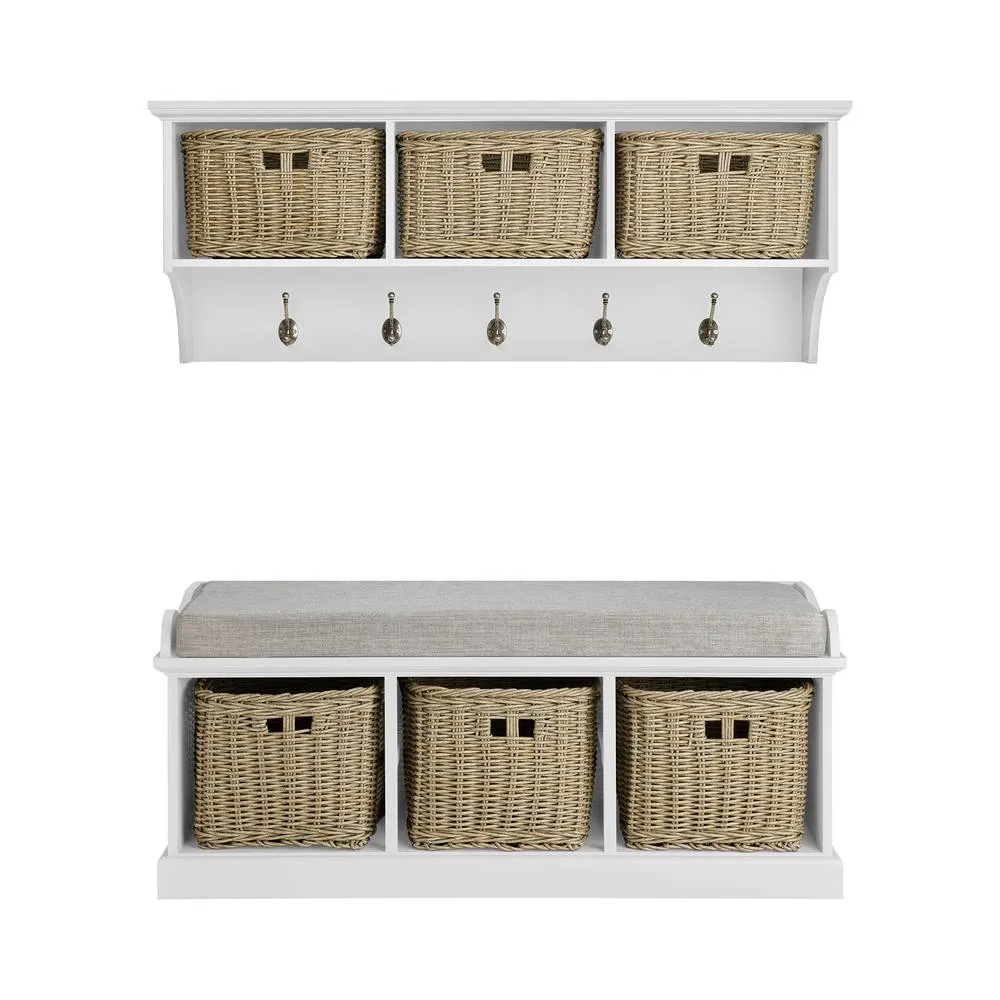 Statement Furniture Tetbury 3 Brown Faux Wicker Basket & Grey Cushion Hallway Set in White