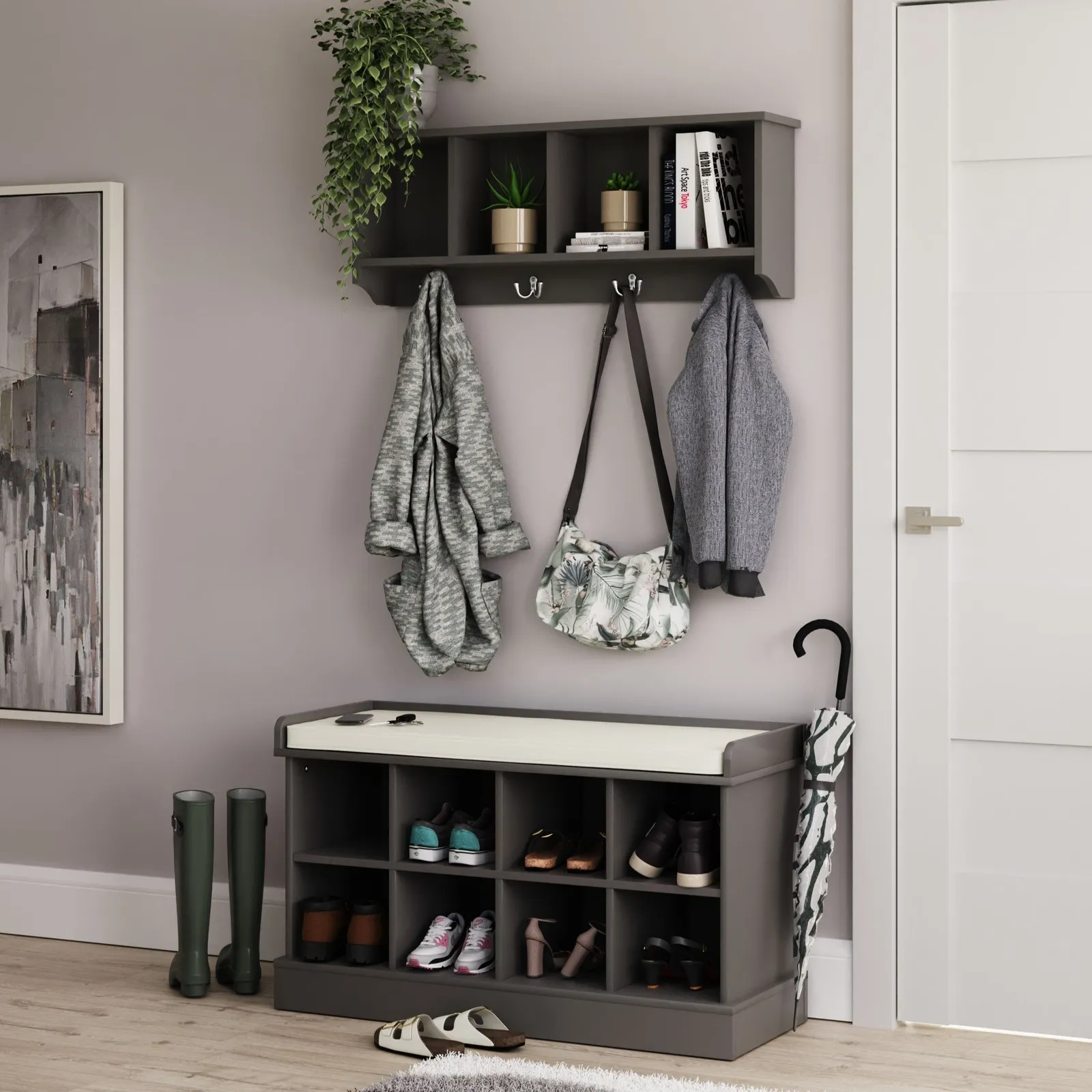 GFW Kempton Shoe Bench + Wall Rack in Grey 1