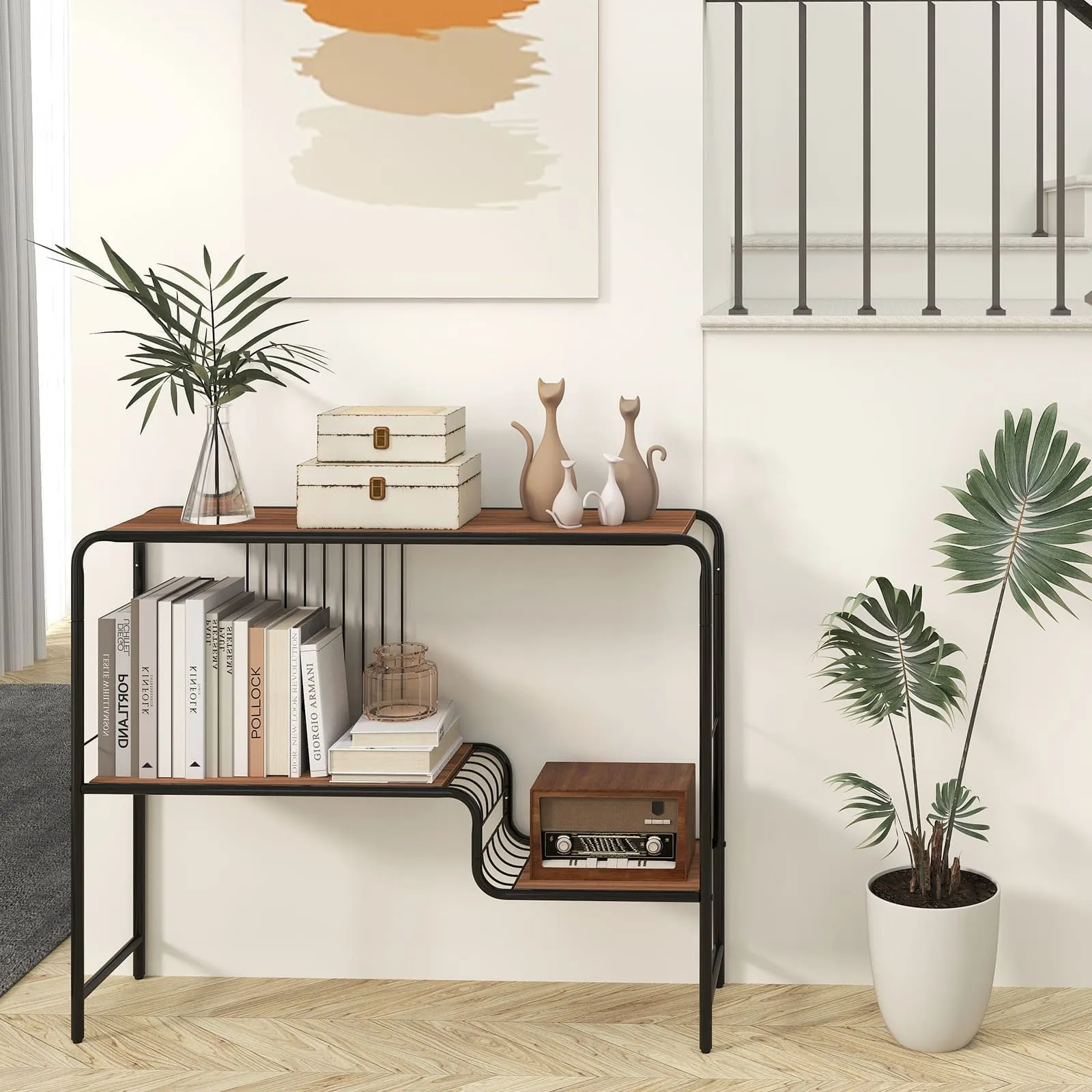 Costway Console Table Entryway Table with Storage Shelf & Metal Frame-Coffee in Walnut 5
