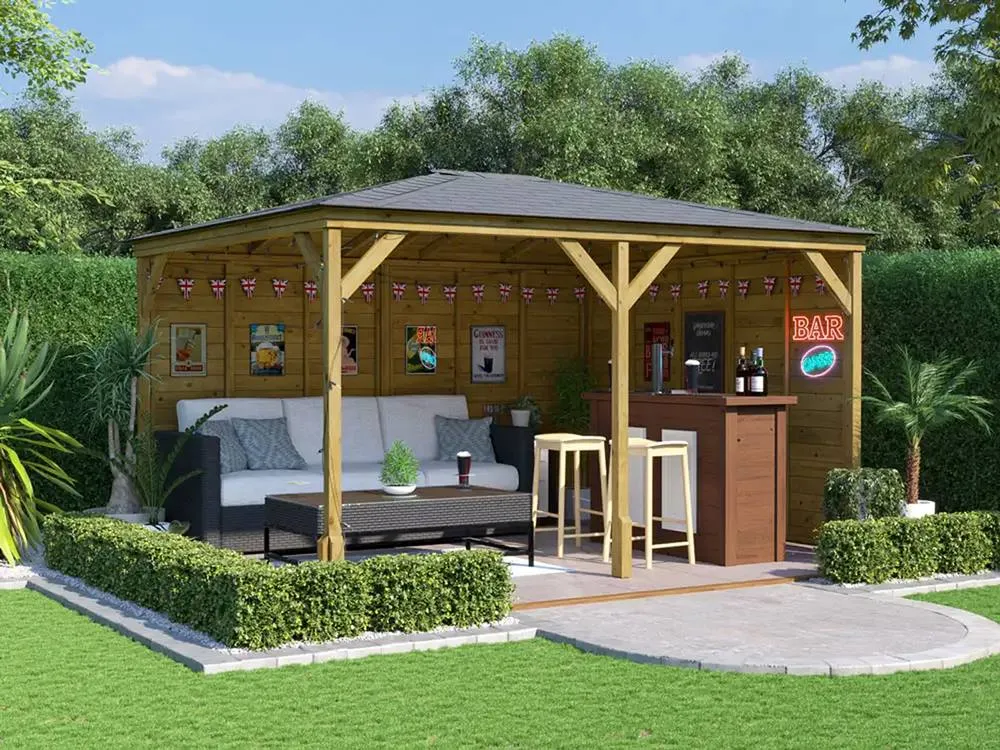 Dunster House Garden Bar Gazebo Heavy Duty with Log Bar 4m x 3m - Utopia in Brown
