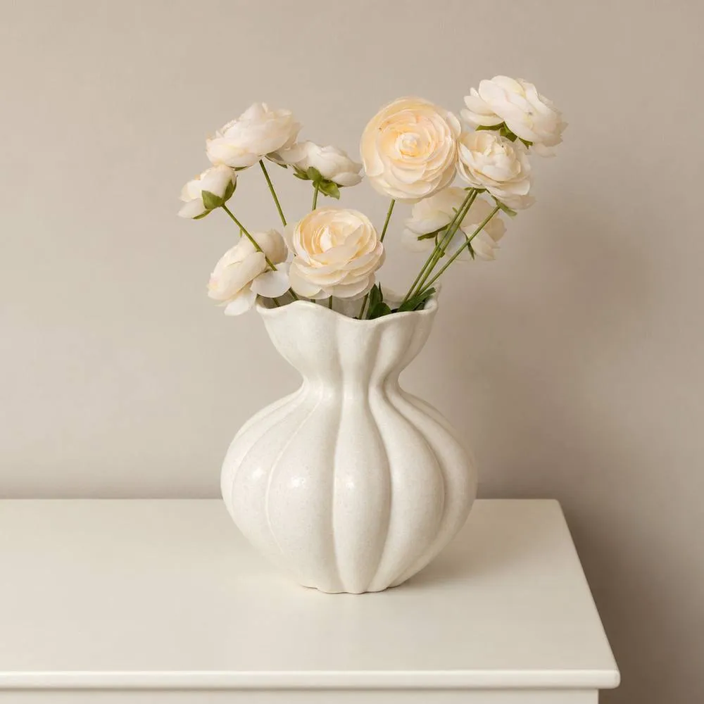 Melody Maison Large Round Fluted White Speckled Ceramic Flower Vase