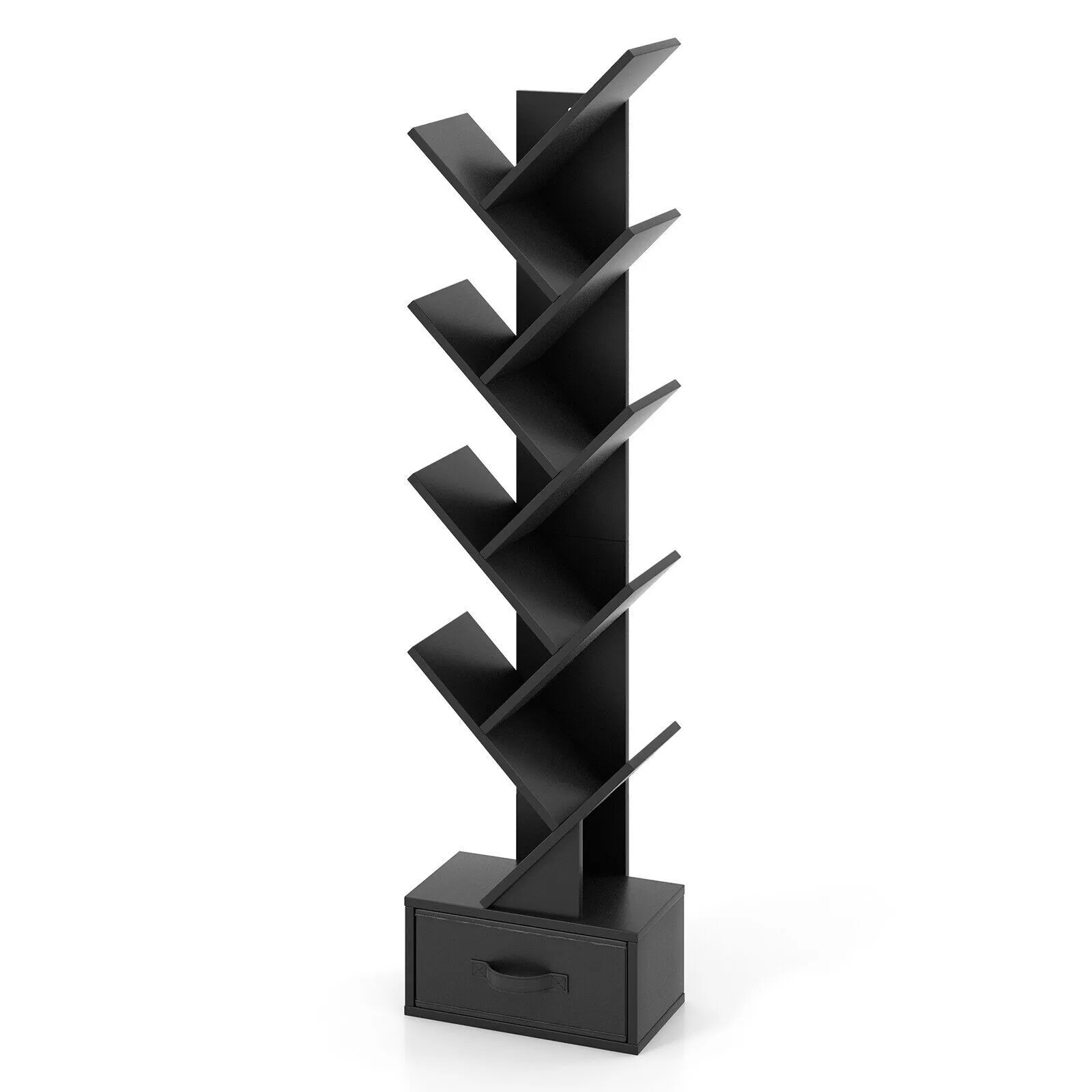 Costway 10 Tiers Bookshelf Display Bookcase Tree Shaped Storage Rack Shelves with Drawer in Black 3