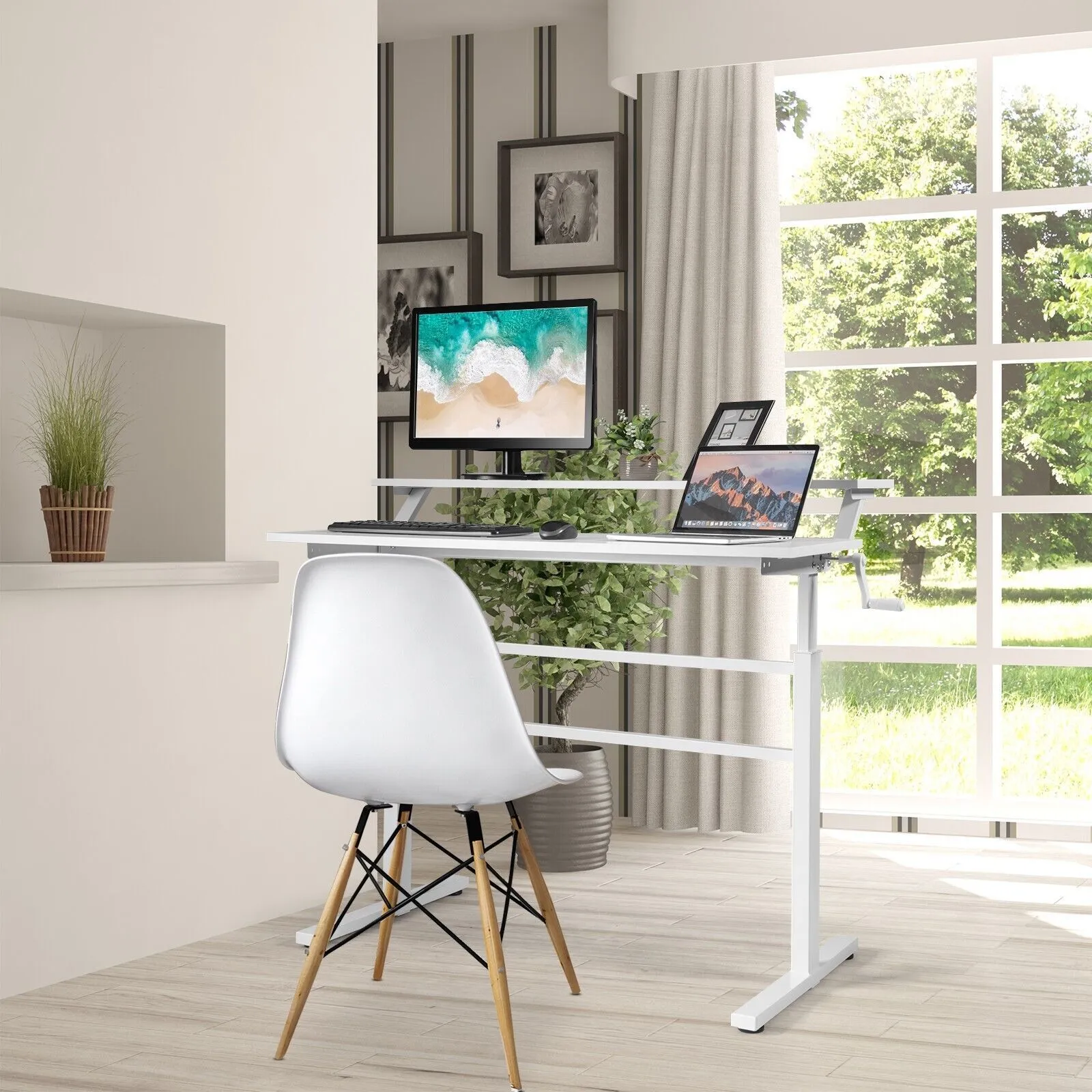 Costway 2-Tier Standing Computer Desk Sit to Stand Workstation Computer Table in White 4