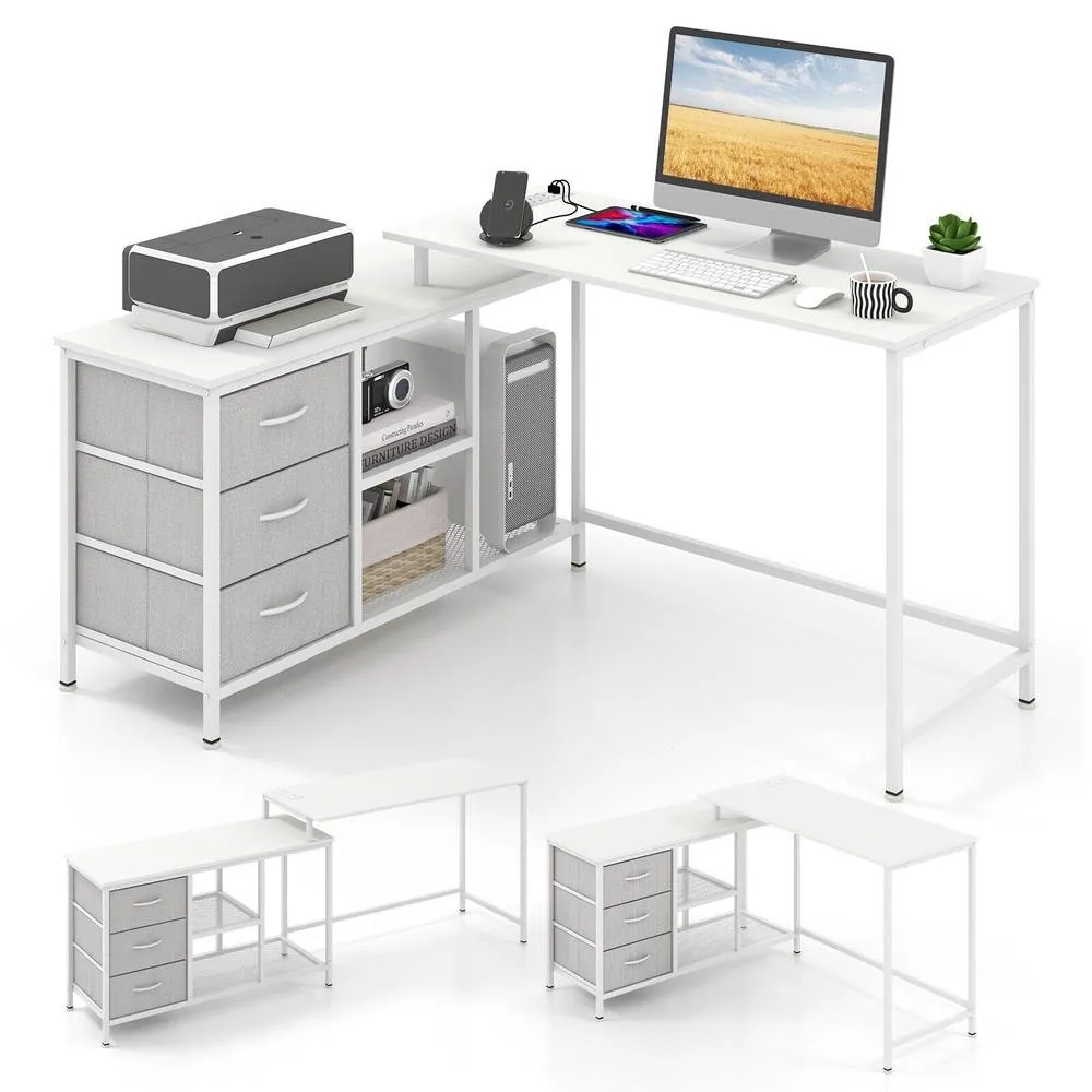 Costway L Shaped Computer Desk Convertible Home Office Table with Drawers in White