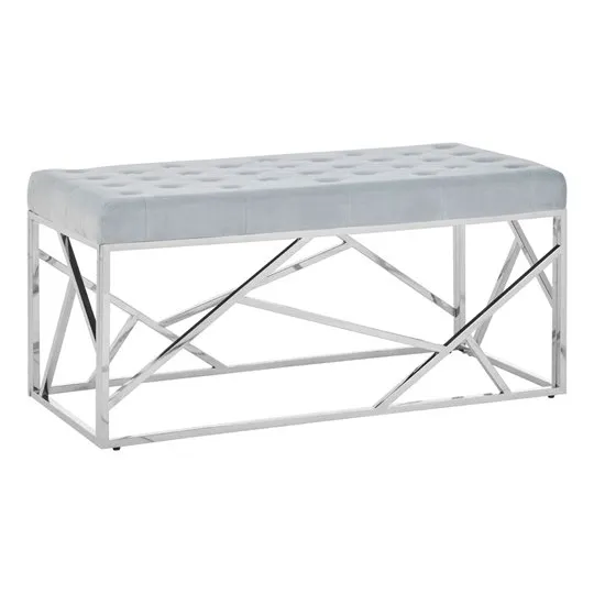 Alluras Powder Blue Velvet Bench With Silver Geomatric Base