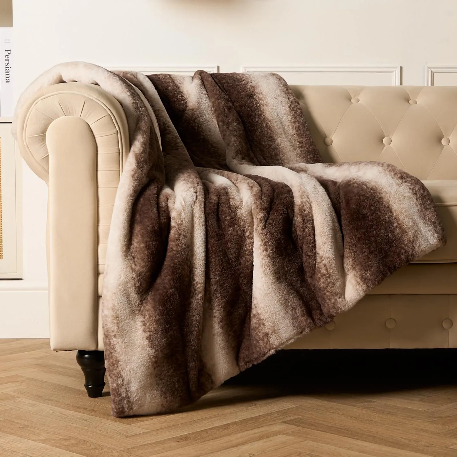 OHS Stripe Throw Over Blanket Faux Fur Soft Fleece in Brown