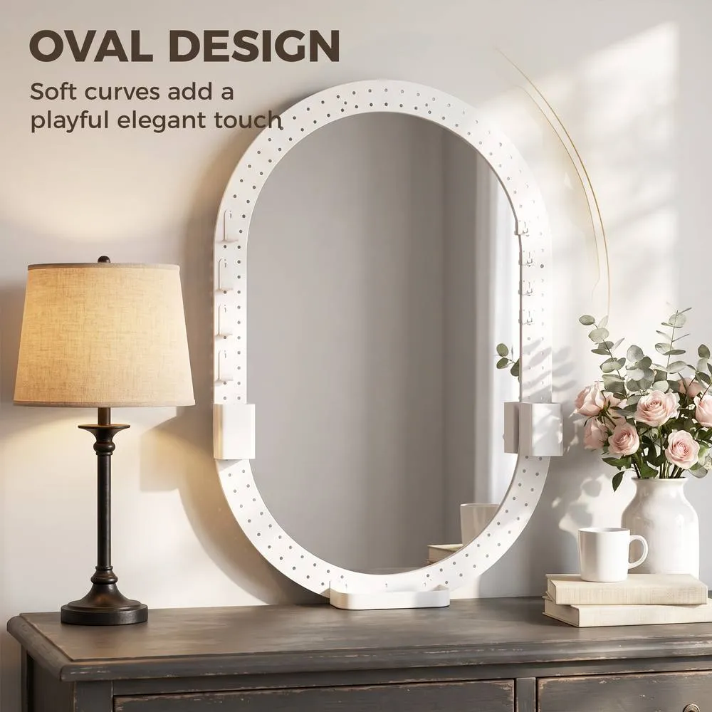 HOMCOM Oval Wall Mirror, 60 x 90 cm, Pegboard Frame, Wall-Mounted in White 5