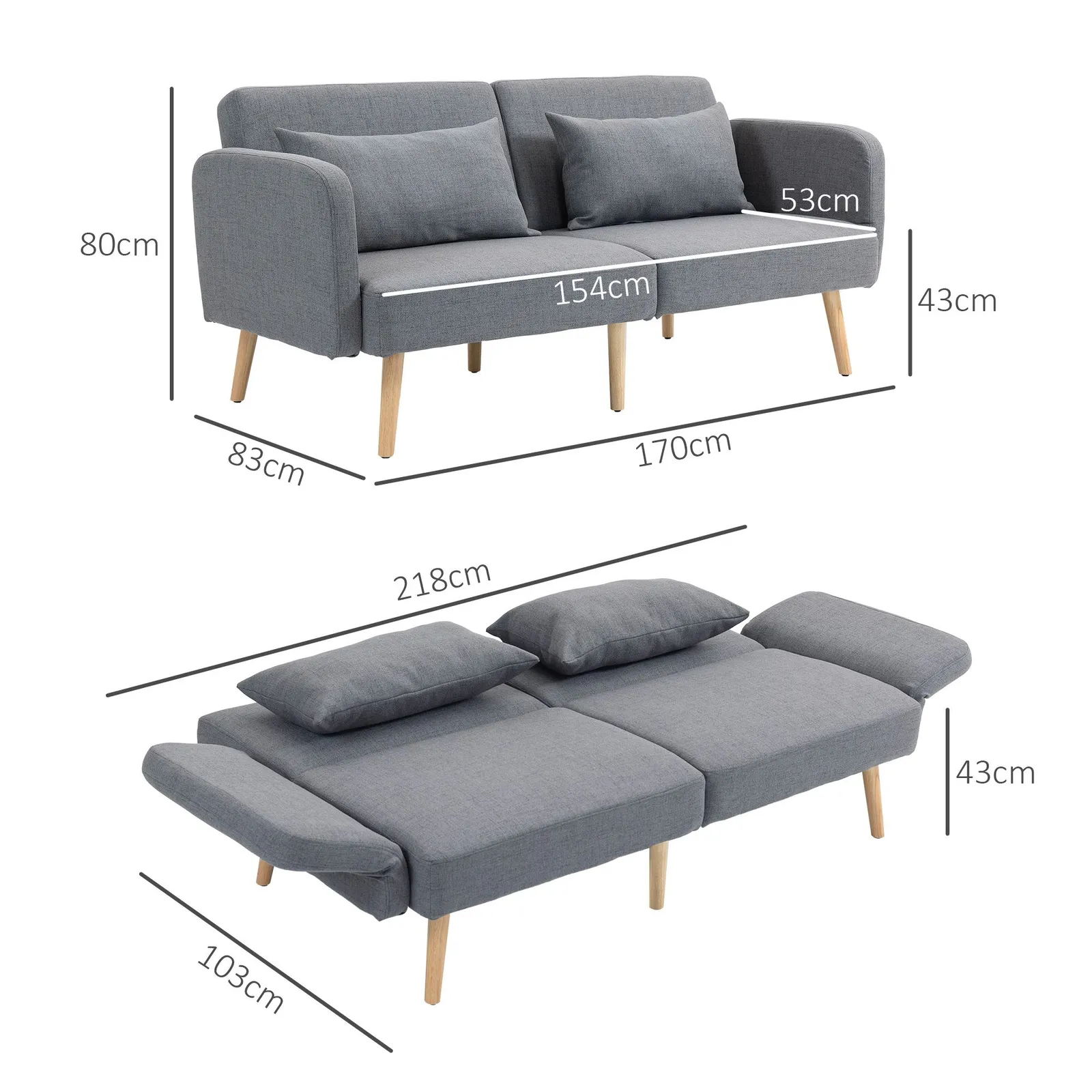 HOMCOM Convertible Sofa Bed, Fabric Sofa Couch with 2 Cushions for Living Room in Grey 3