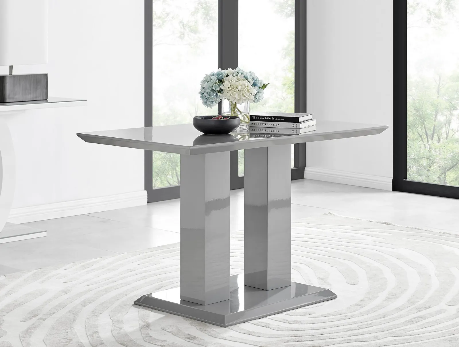 FurnitureboxUK Imperia Grey High Gloss 4 Seater Dining Table with Structural 2 Plinth Column Legs 4 Soft Velvet Silver Leg Milan Chairs 2