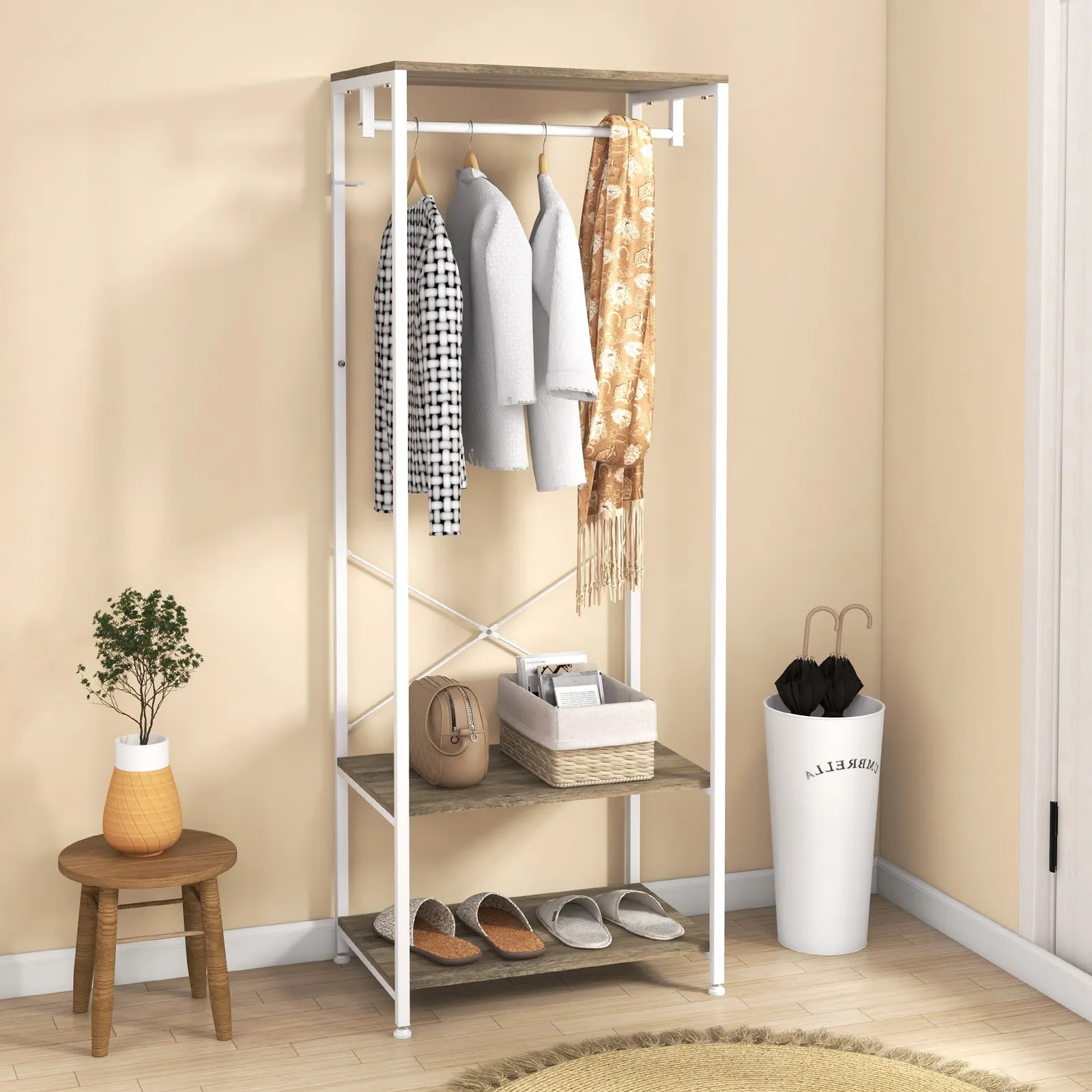 HOMCOM Coat Rack, 2-in-1 Clothes Stand w/ Shoe Storage, 168cm Free Standing Hall Tree w/ Hanging Rail & 2 Storage Shelves for Hallway, Entryway