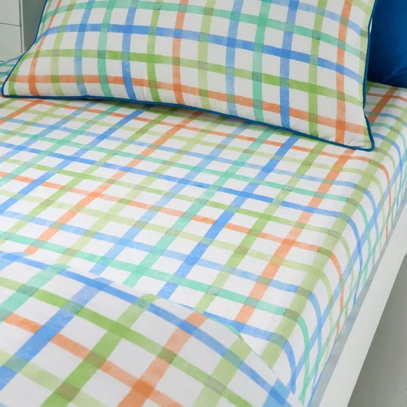 Blue Multi Check Cotton Fitted Sheet