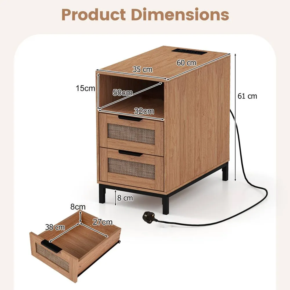 Costway Narrow End Table with Charging Station in Brown 2