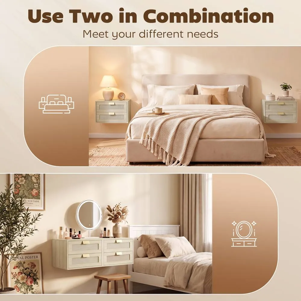 HOMCOM Modern Floating Nightstands Set of 2, 2 Drawers Bedside Tables, Oak in Natural 6
