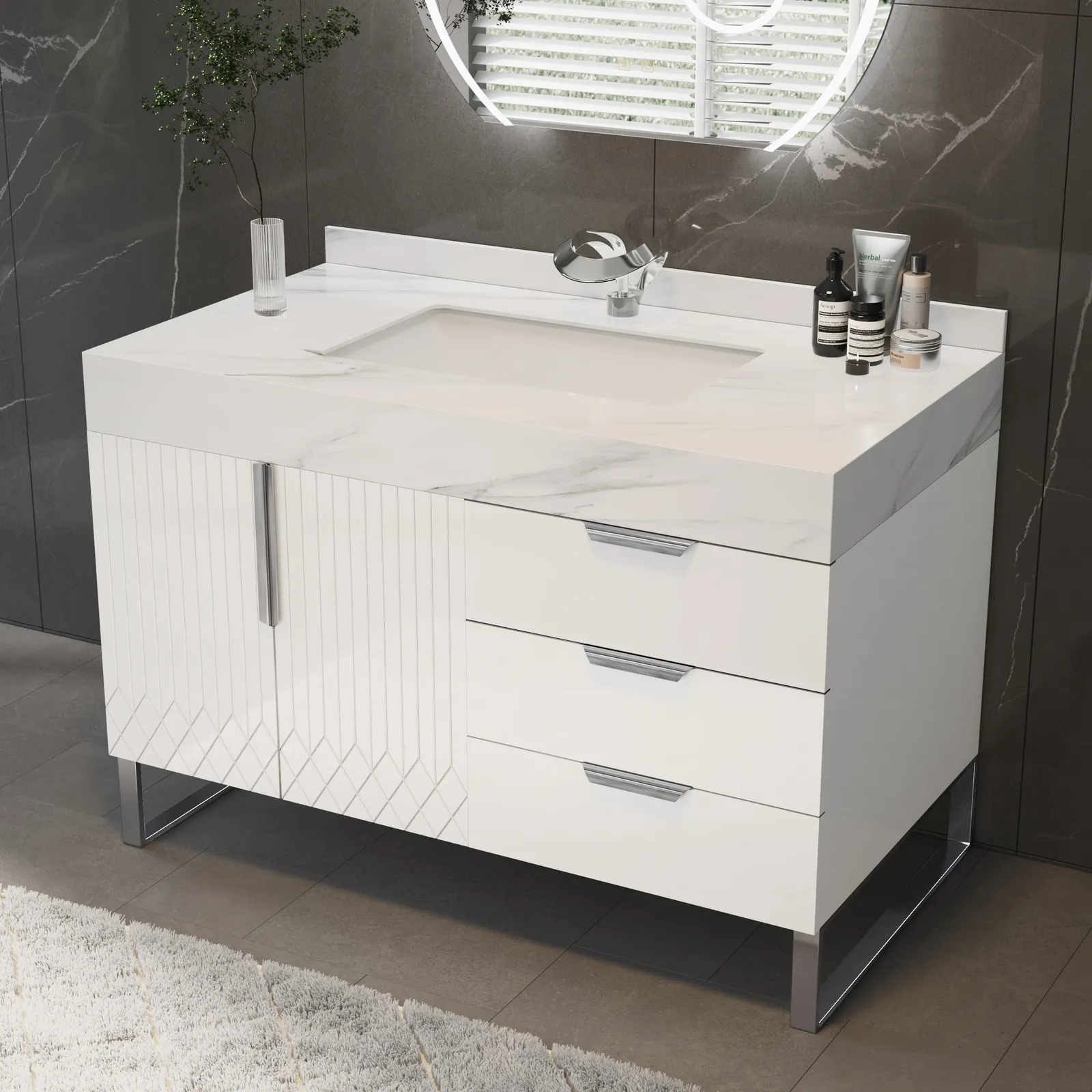 Aro 90 cm White Freestanding Ceramics Basin Bathroom Vanity Drawers Faux Marble Top