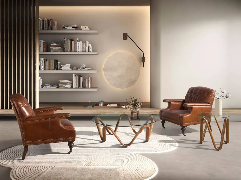 Angel Cerda Round Coffee Table Tempered Glass Top, Walnut-Colour in Brown 4