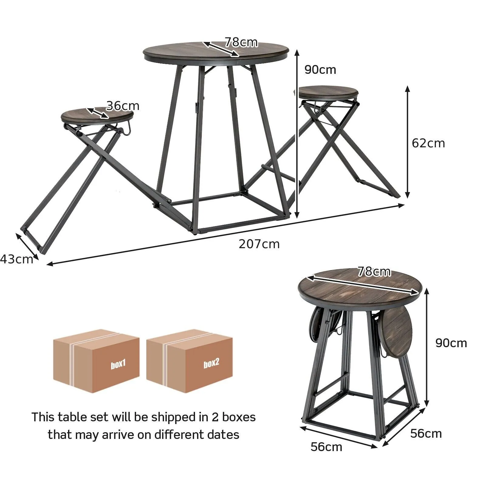 Costway 3-Piece Round Table & Stool Set Dining Bar Table w/ 2 Foldable Stools in Grey 3