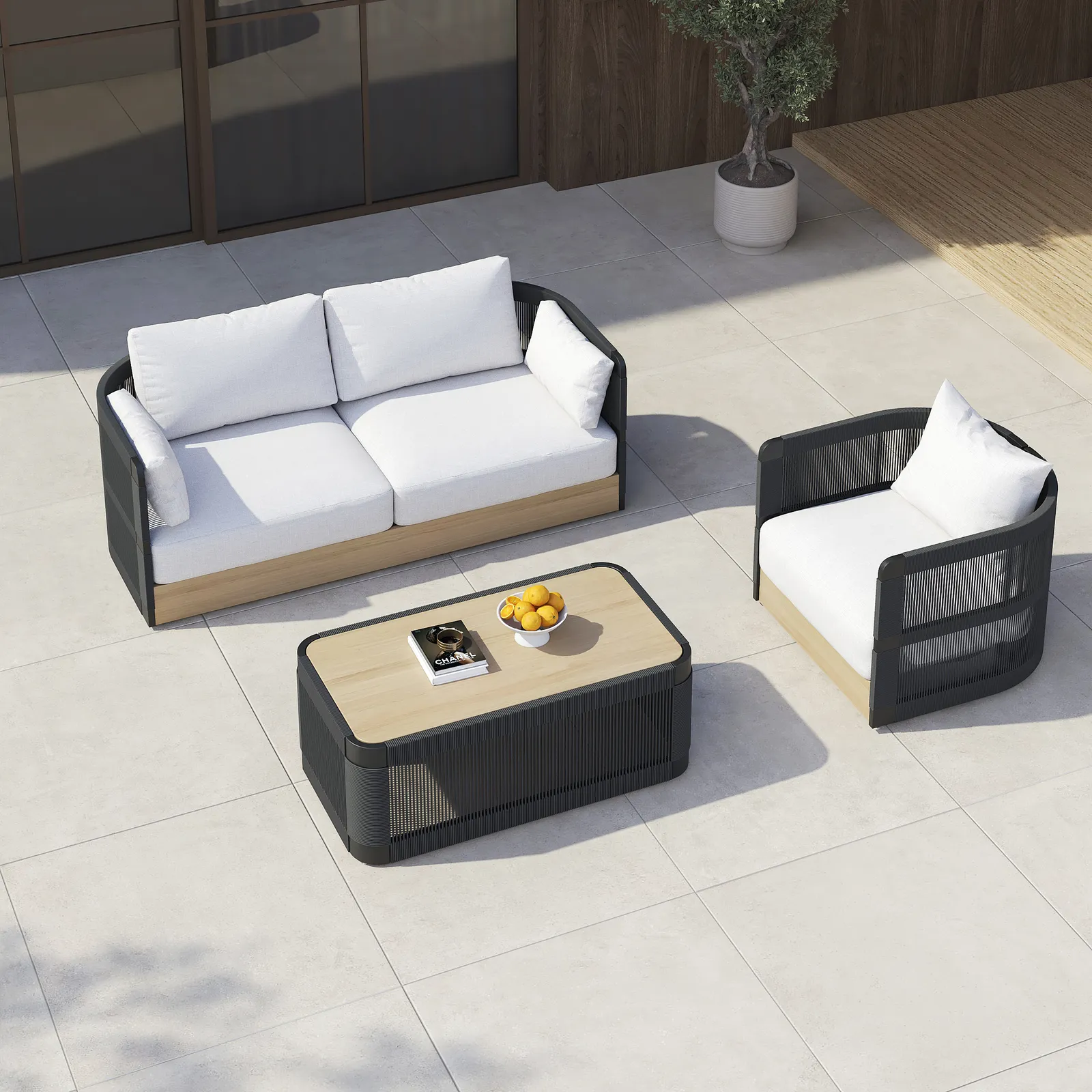 Costra 3-Pieces Modern Aluminium & Rope Outdoor Swivel Sofa Set with Coffee Table in Black for 4