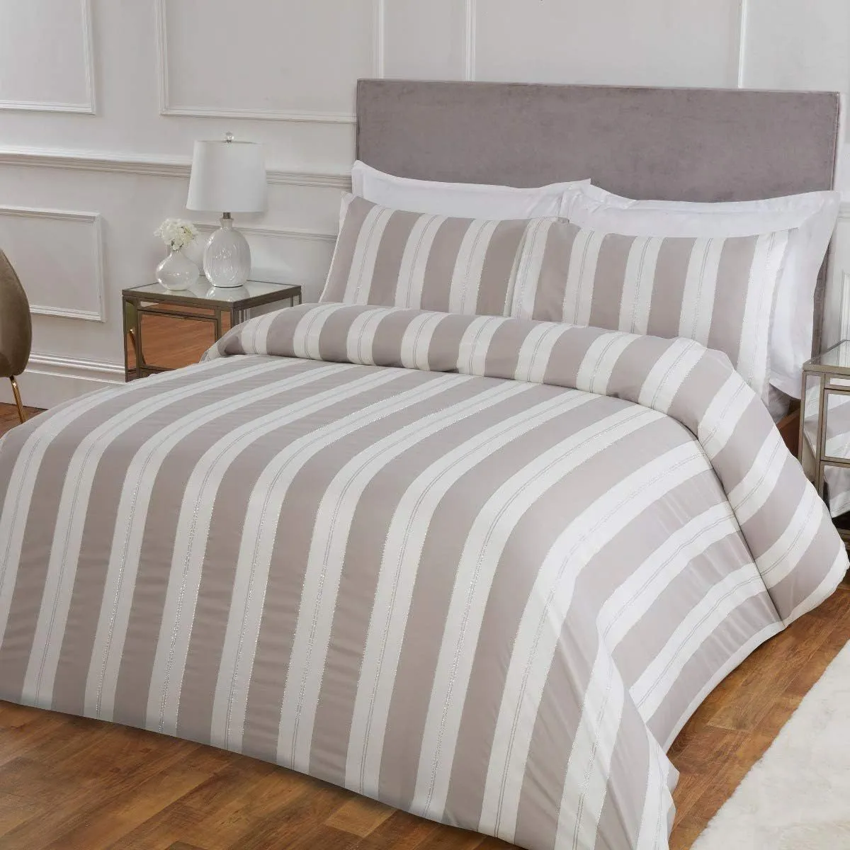 Smart Living Luxury Hotel Quality Lurex Stripe Jacquard Duvet Cover with Pillowcases in Camel 1