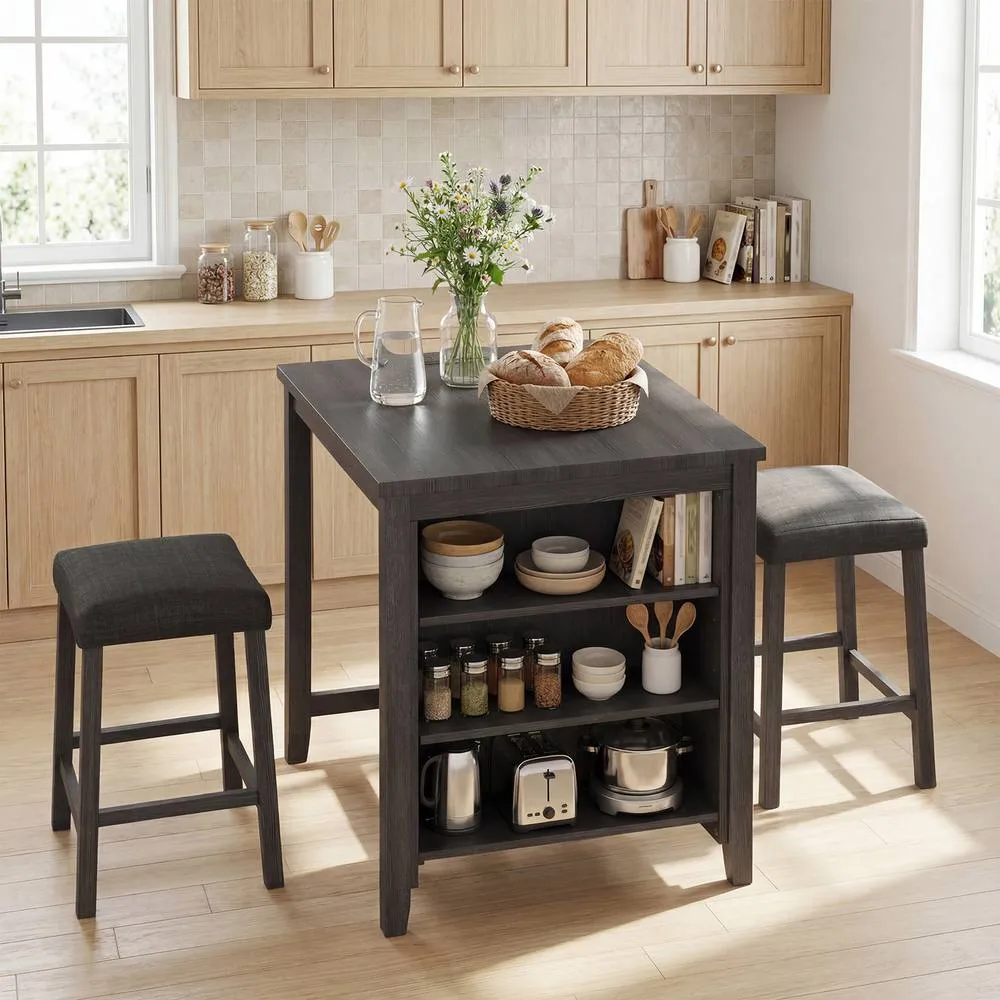 Costway 3PCS Bar Table Set Kitchen Dining Table w/ 2 Stools & Power Outlet in Black