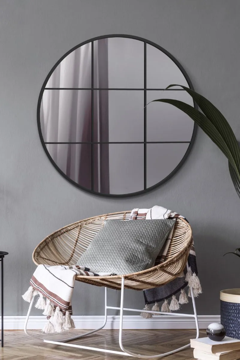 MirrorOutlet Black Metal Framed Round Window Wall Mirror 39" X 39" (100x100CM)