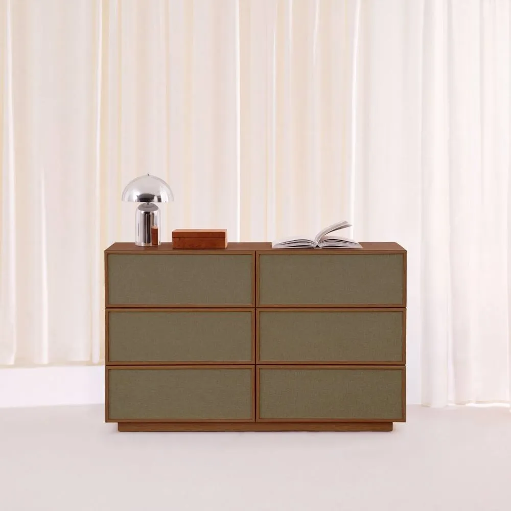 sweeek Chest of 6 drawers with wood decor & fabric in Dark Brown