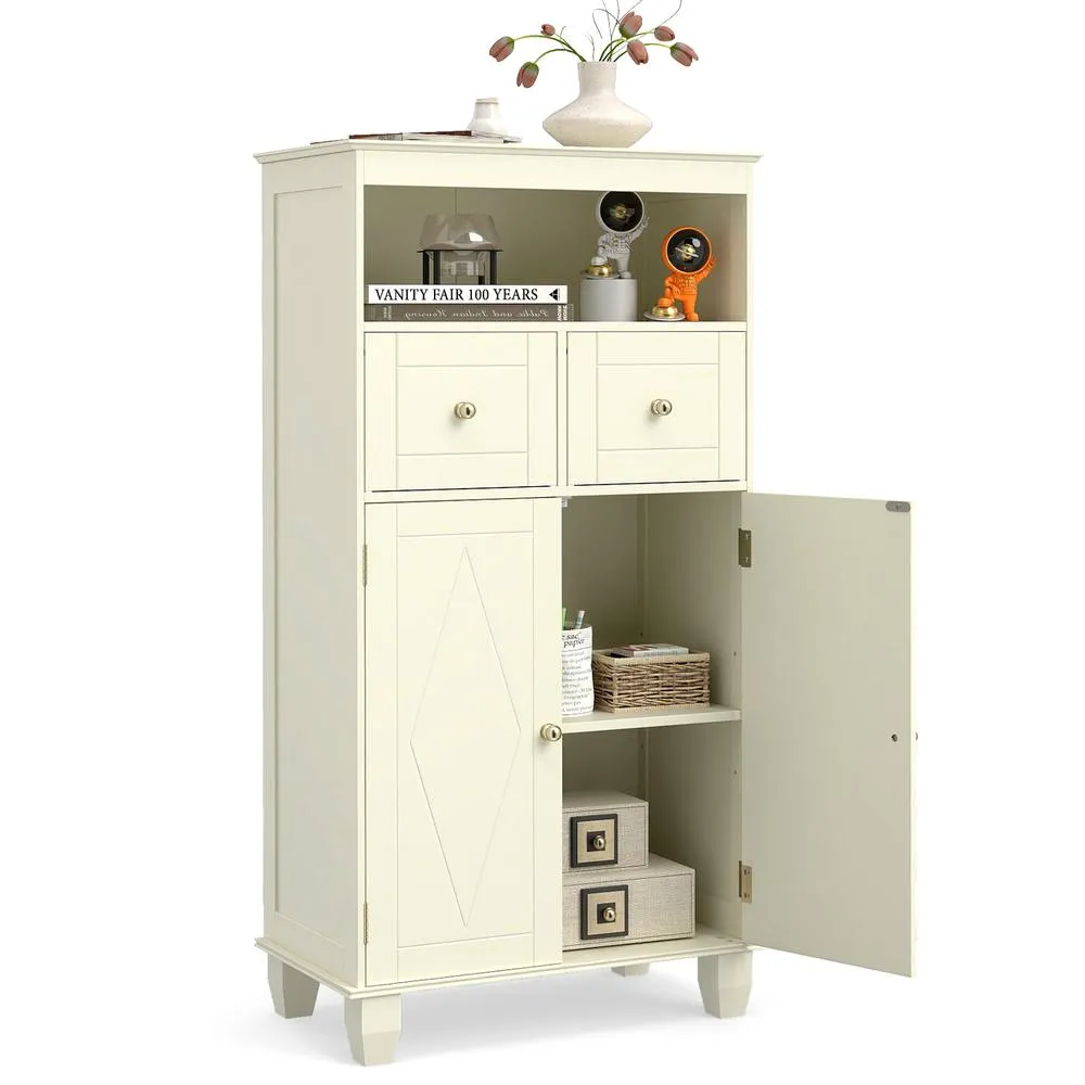 Costway Bathroom Floor Storage Cabinet Modern Storage Organizer w/Drawers in Beige